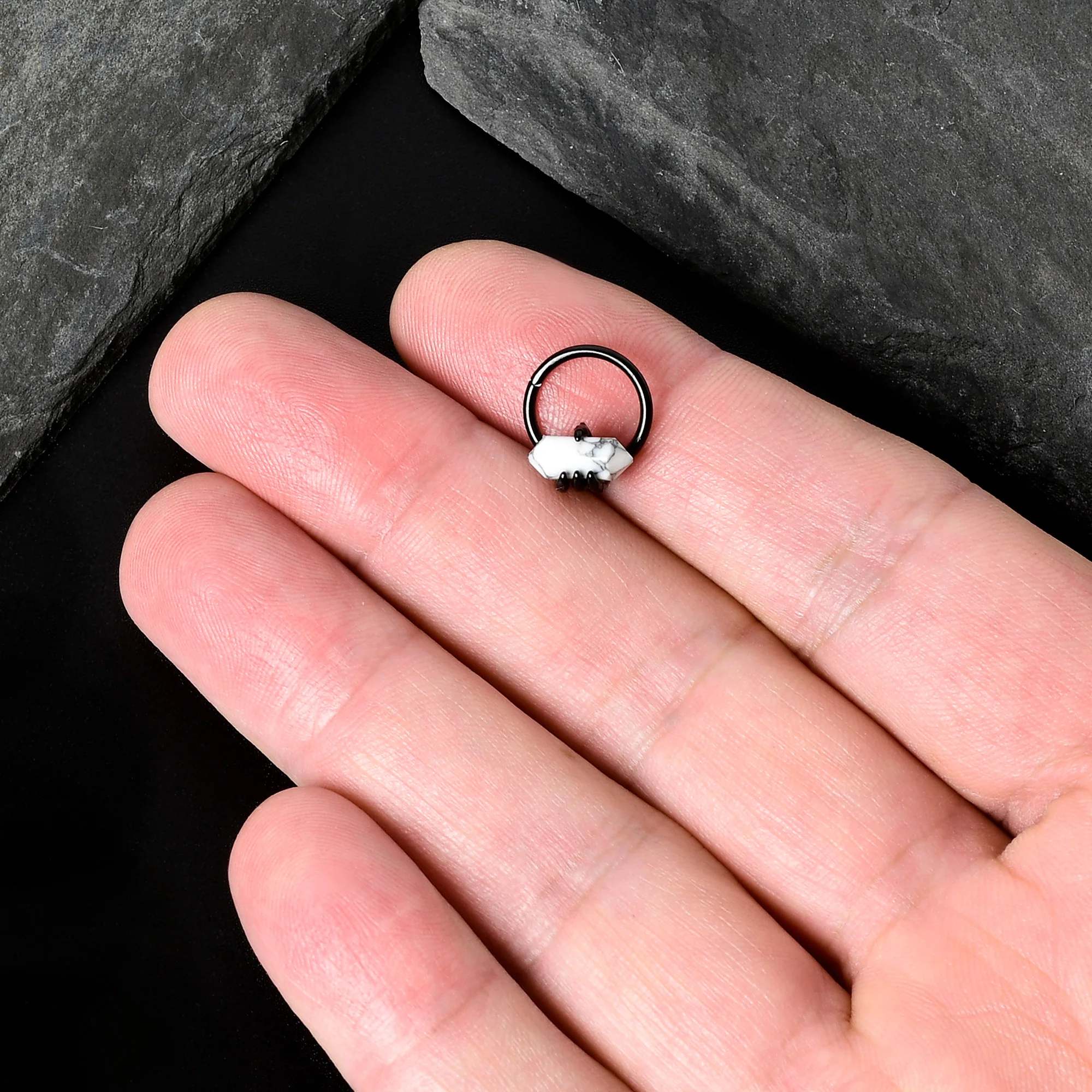 16G 3/8 White Howlite Black Claw Obelisk Hinged Segment Ring - Image 8