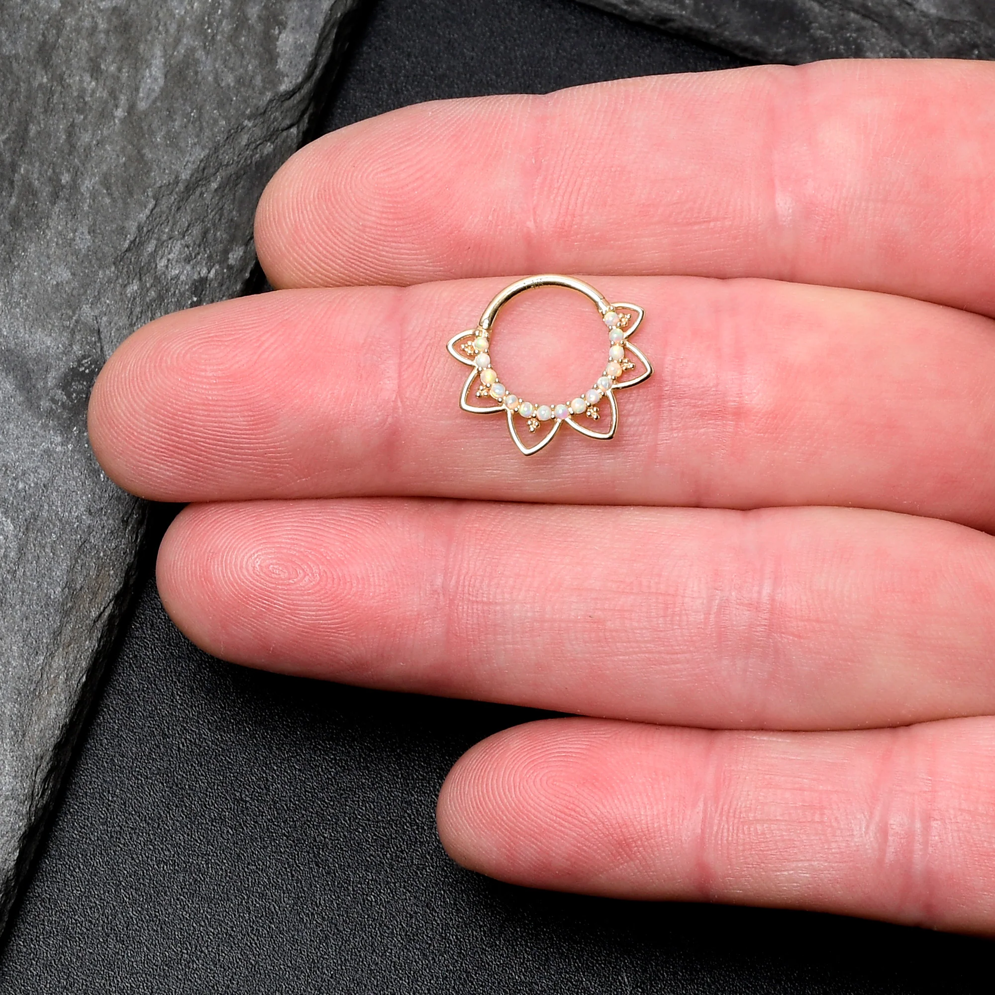 16G 3/8 White Synthetic Opal 14k Yellow Gold Filigree Hinged Segment Ring - Image 3