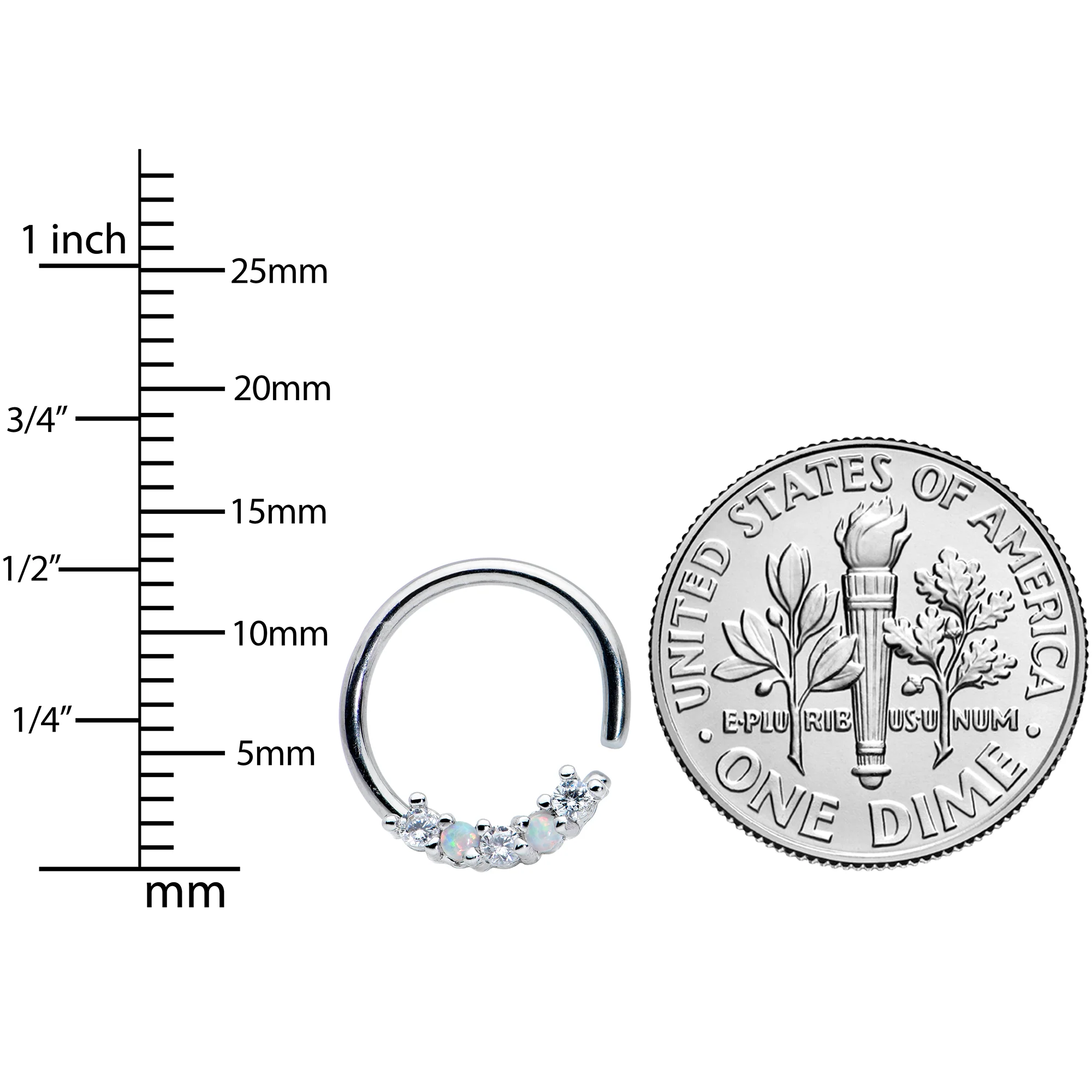 16G 3/8 White Synthetic Opal Clear CZ Gem Style Closure Ring - Image 2