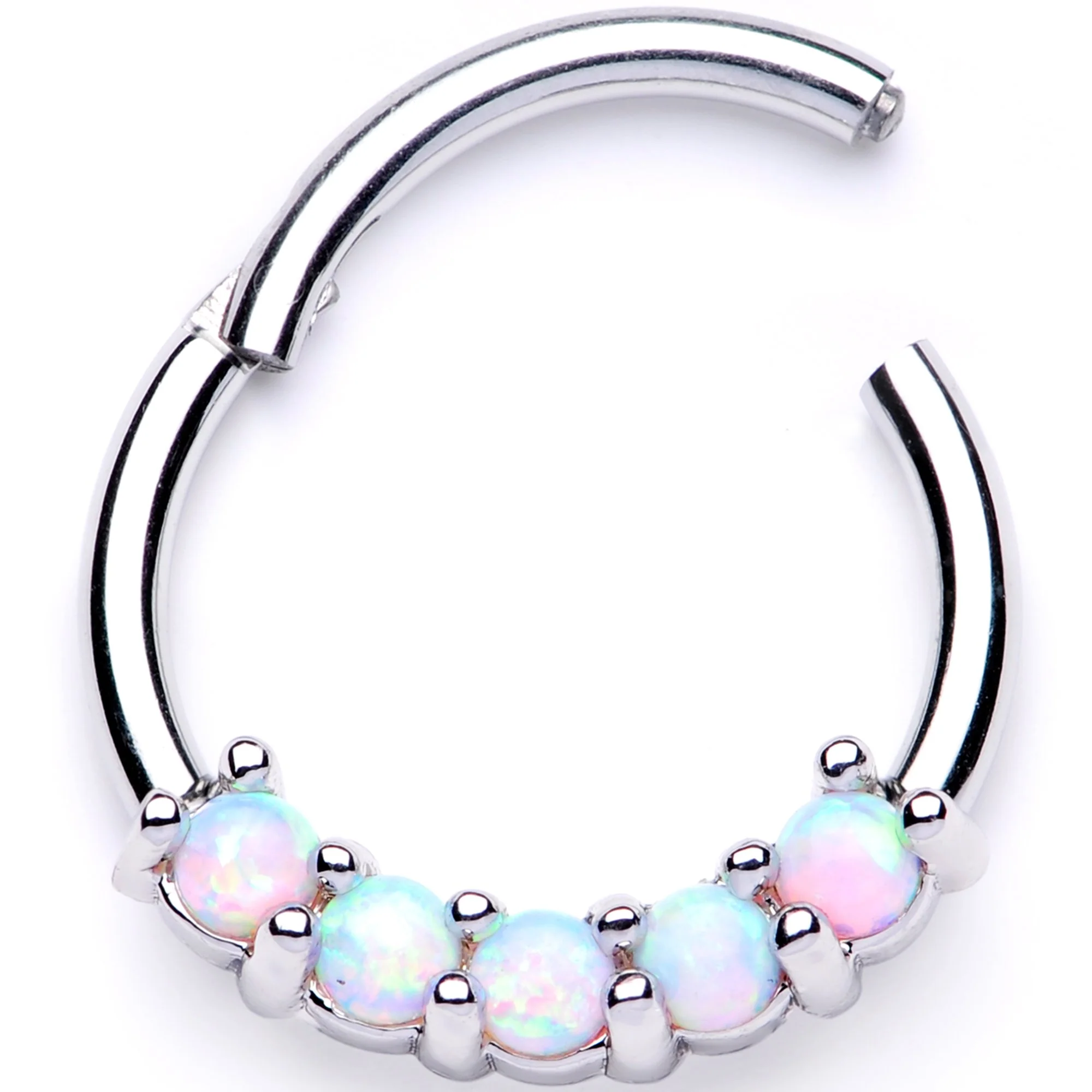16G 3/8 White Synthetic Opal Crest Hinged Segment Ring - Image 2