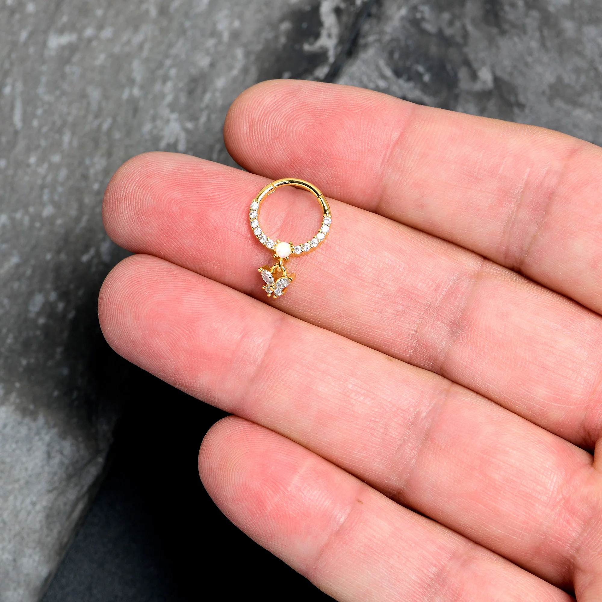 16G 3/8 White Synthetic Opal Gold Tone Butterfly Hinged Segment Ring - Image 3