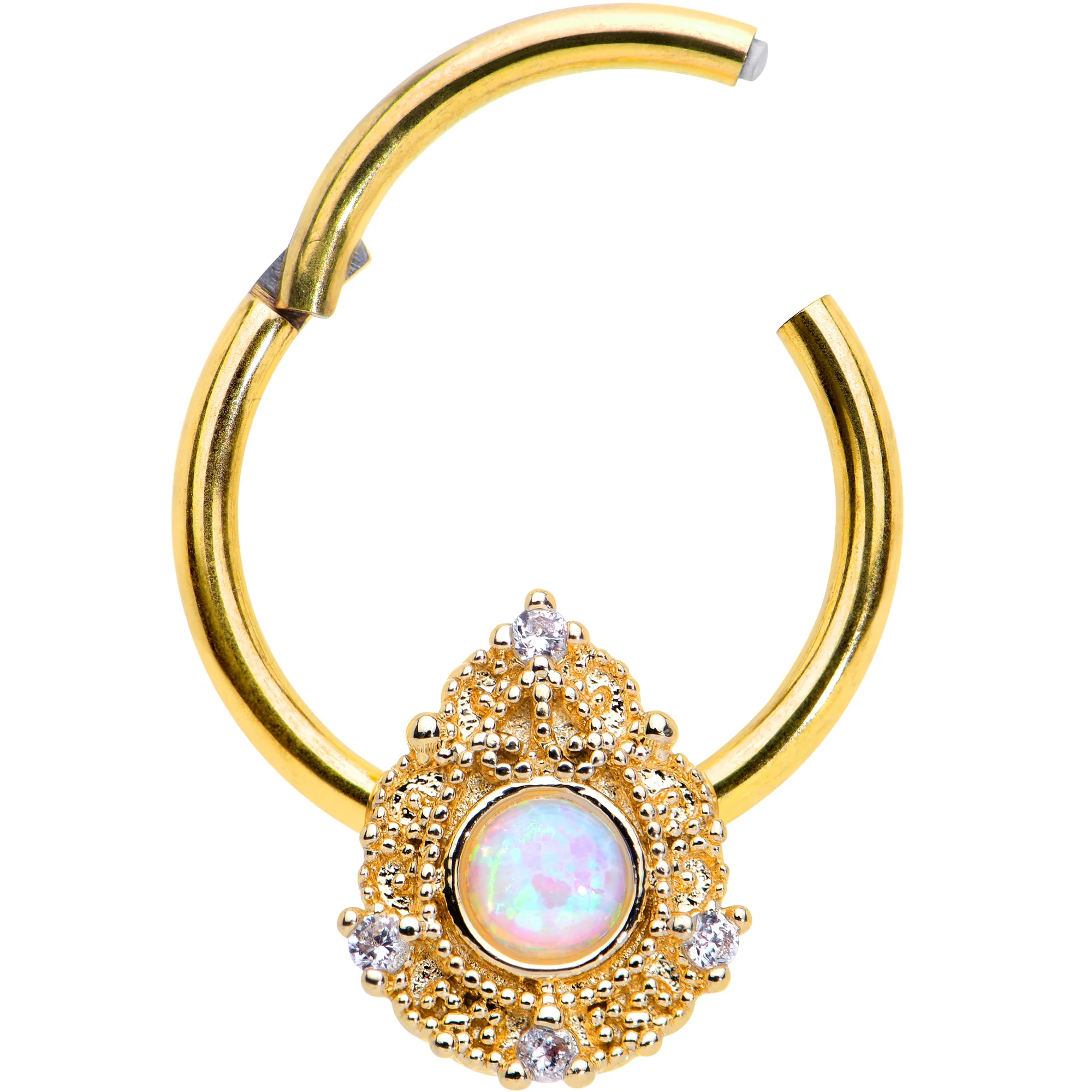 16G 3/8 White Synthetic Opal Gold Tone Elegant Hinged Segment Ring - Image 2