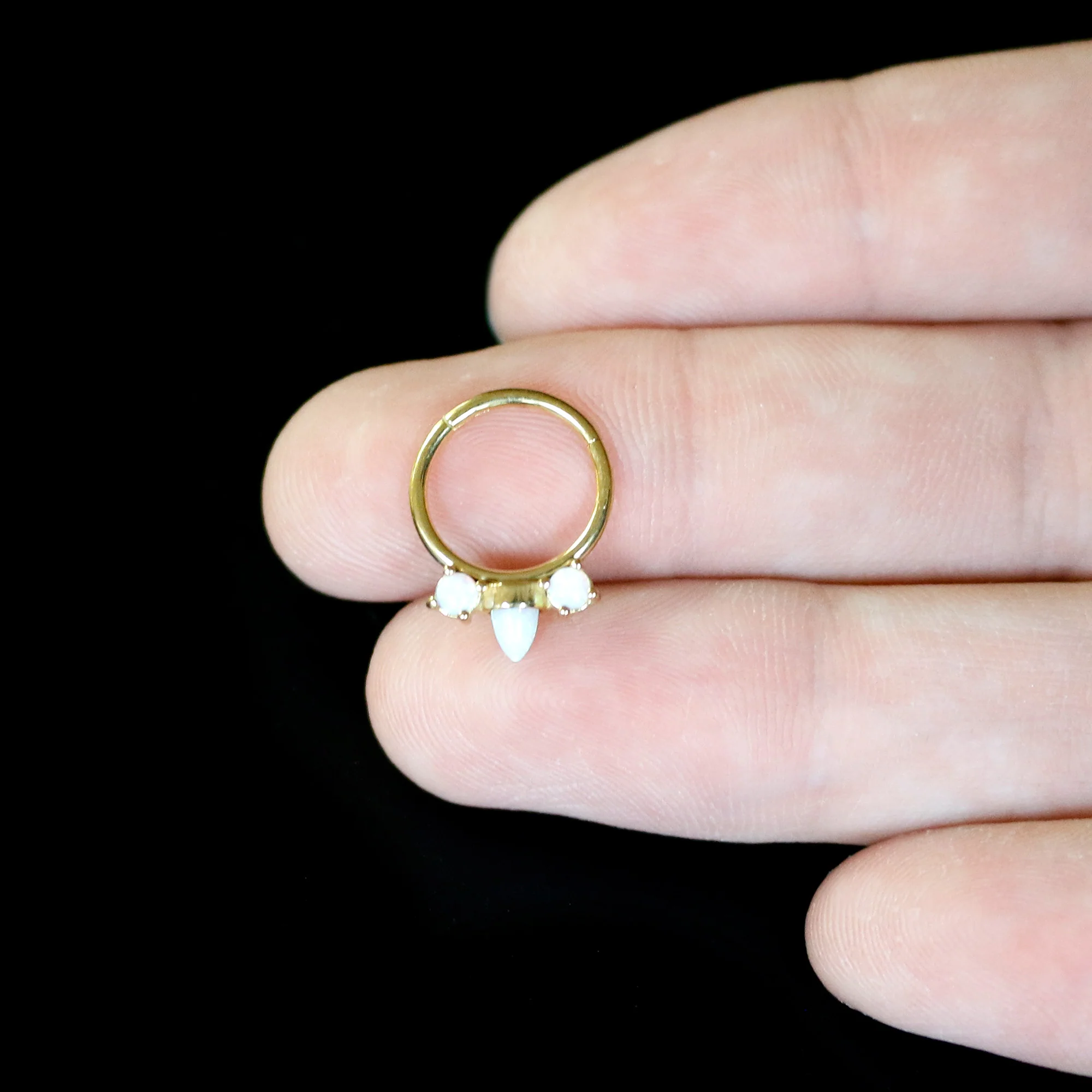 16G 3/8 White Synthetic Opal Gold Tone Trio Point Hinged Segment Ring - Image 5