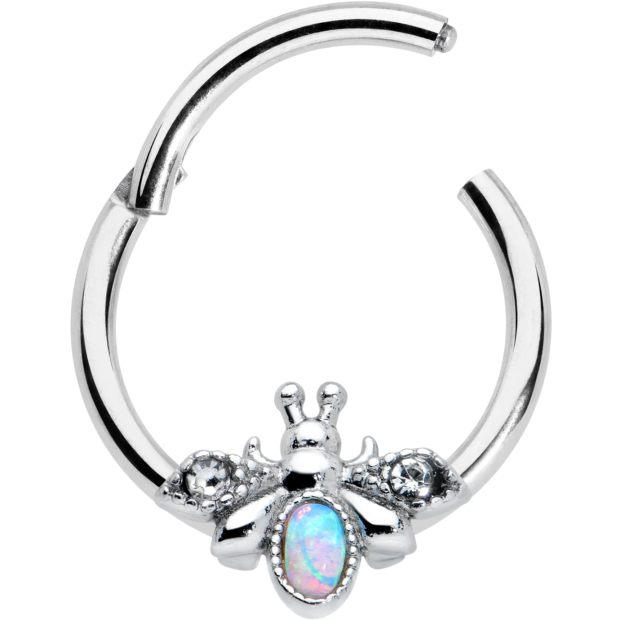 16G 3/8 White Synthetic Opal Insect Hinged Segment Ring - Image 2