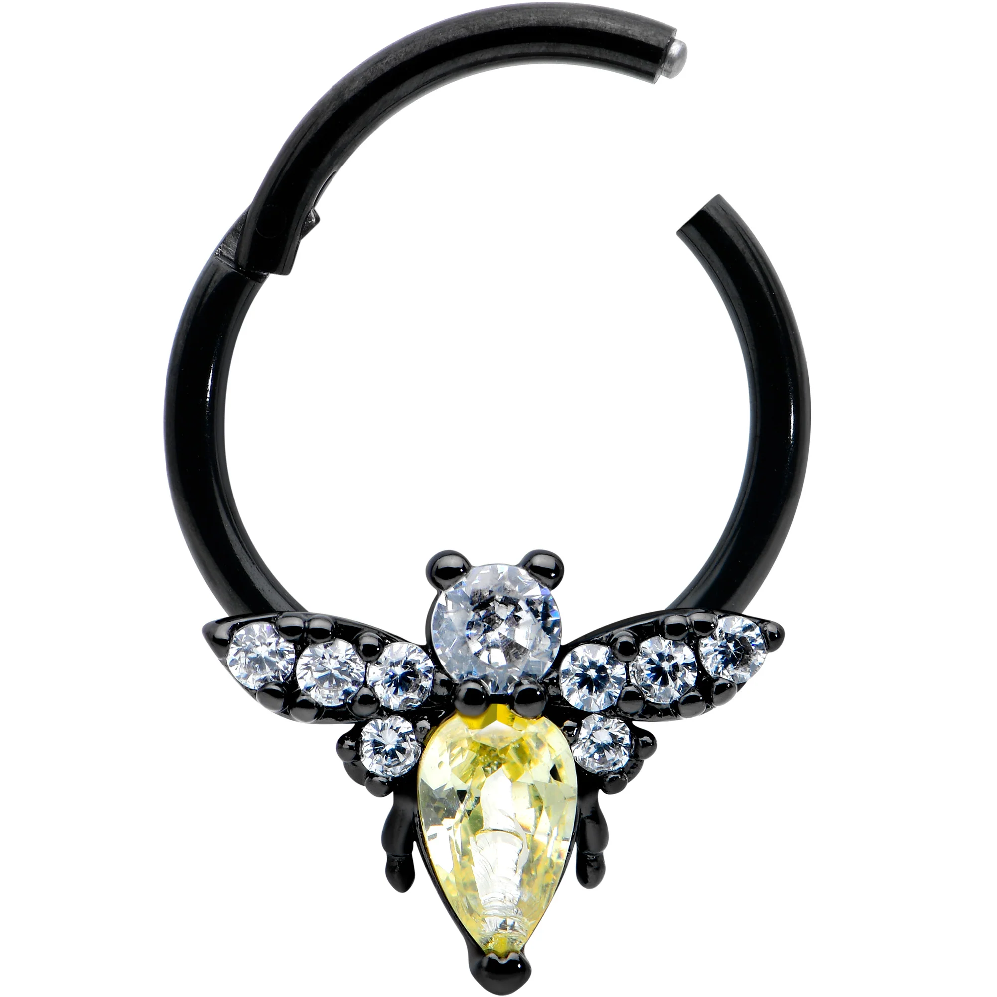 16G 3/8 Yellow Clear Gem Black Butterfly Hinged Segment Ring - Image 2