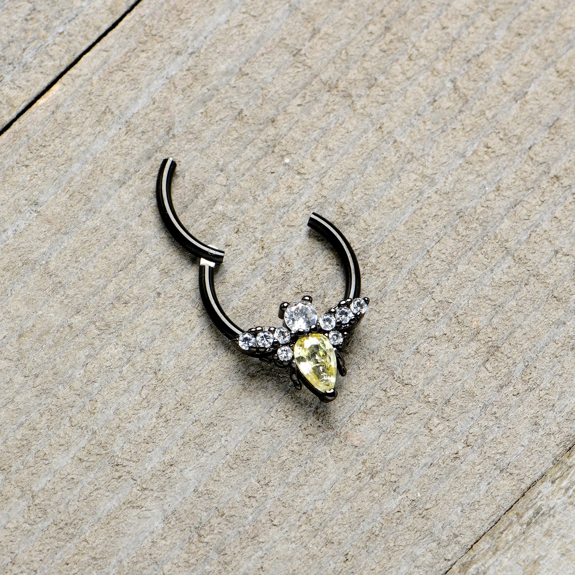 16G 3/8 Yellow Clear Gem Black Butterfly Hinged Segment Ring - Image 7