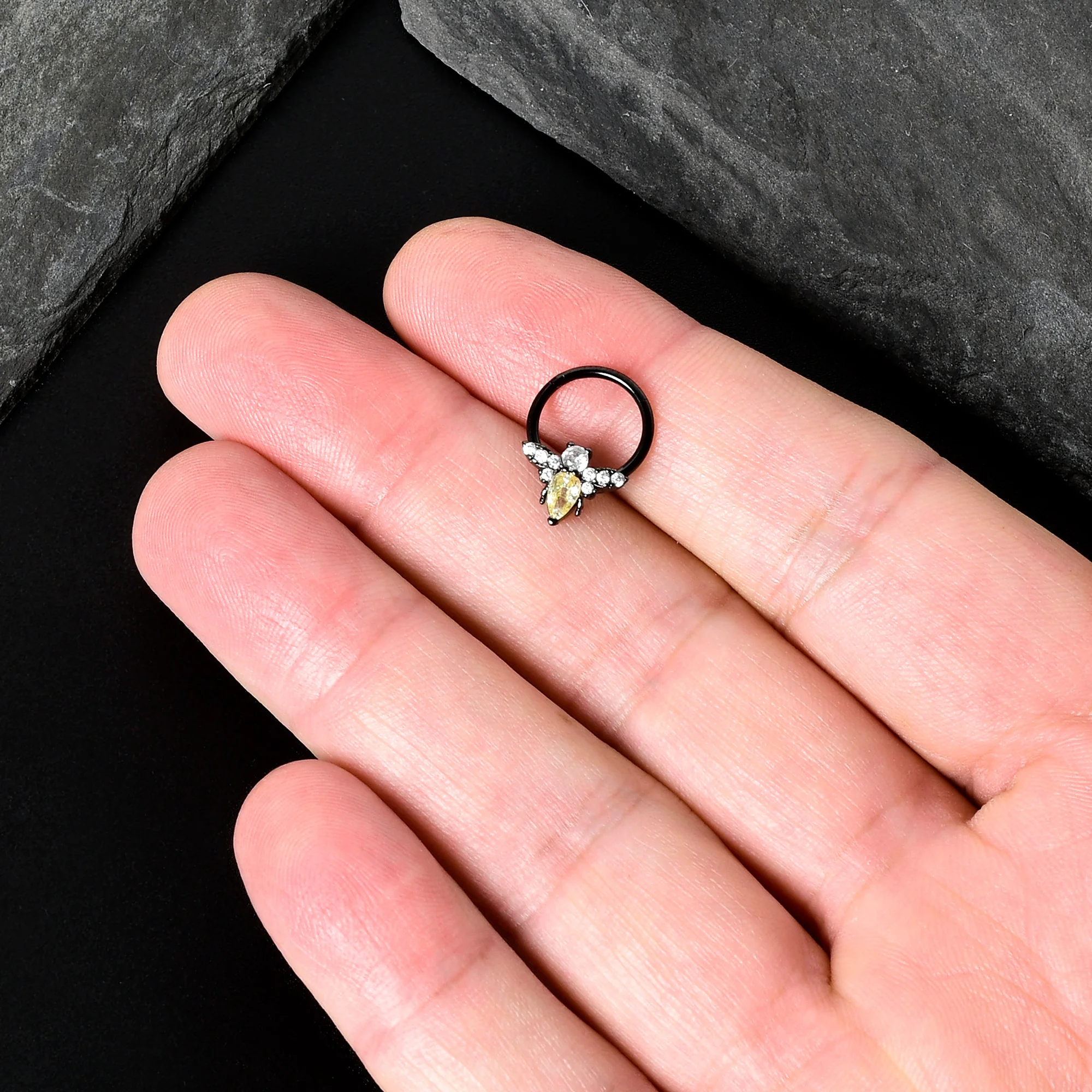16G 3/8 Yellow Clear Gem Black Butterfly Hinged Segment Ring - Image 8