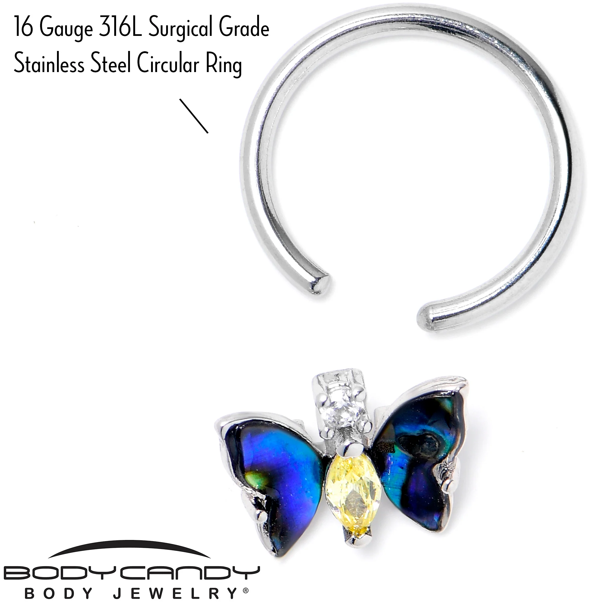 16G 3/8 Yellow Clear Gem Dark Butterfly BCR Captive Ring - Image 3
