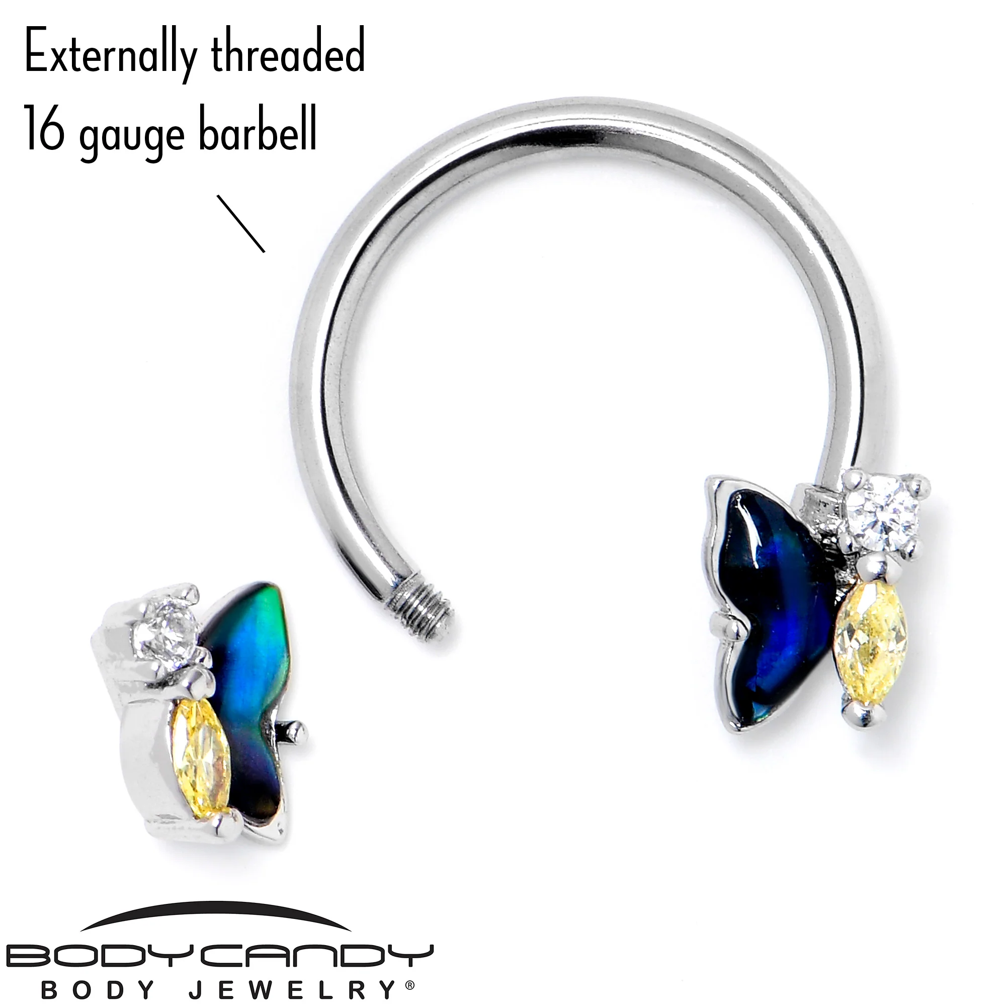 16G 3/8 Yellow Clear Gem Dark Butterfly Horseshoe Circular Barbell - Image 3