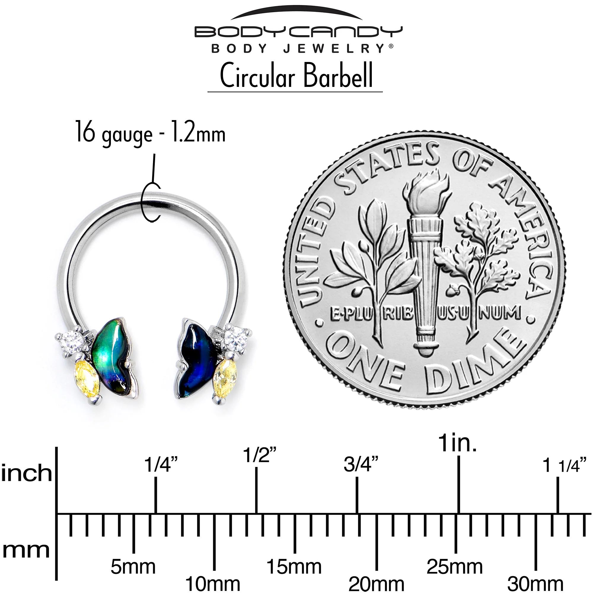 16G 3/8 Yellow Clear Gem Dark Butterfly Horseshoe Circular Barbell - Image 4