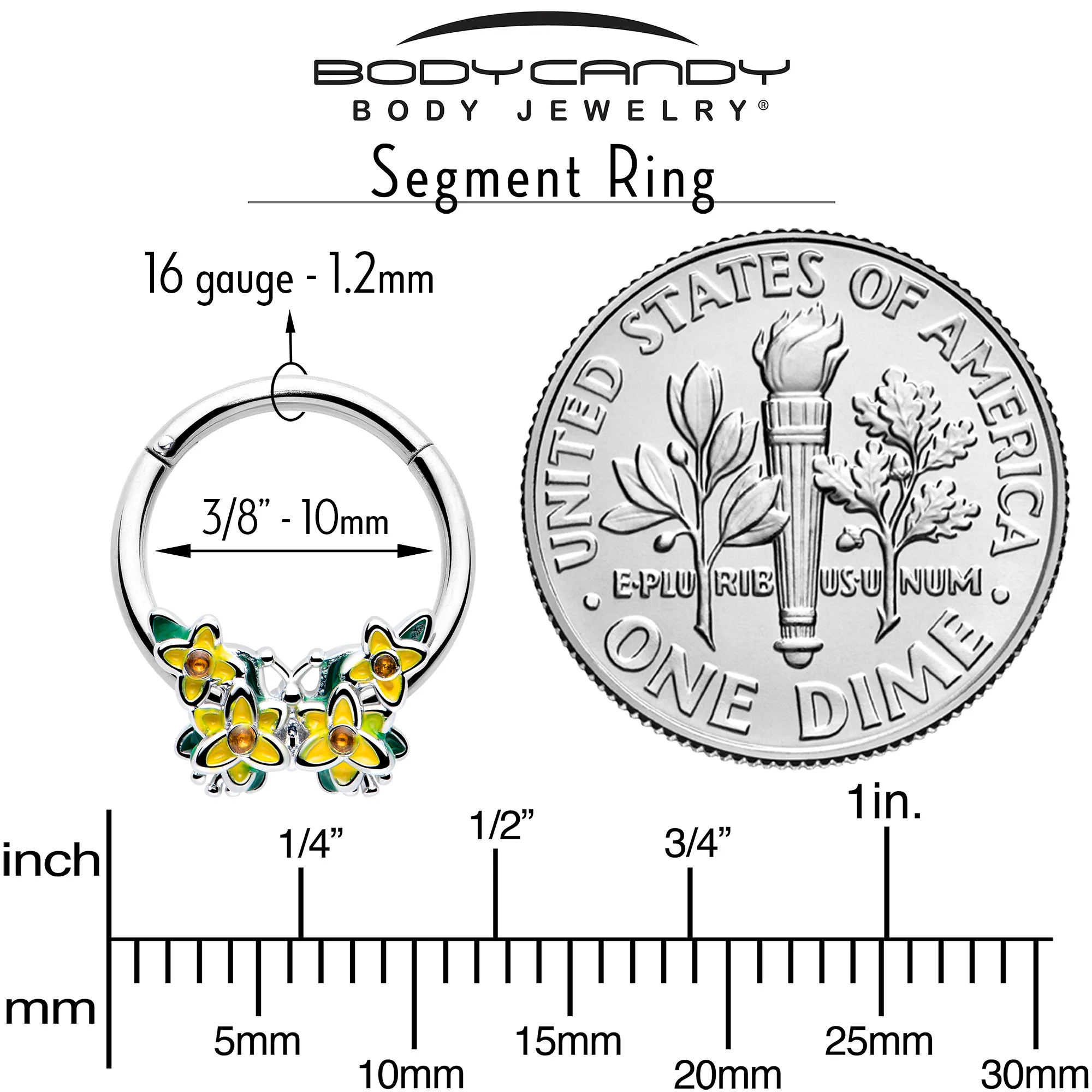 16G 3/8 Yellow CZ Gem Blooming Butterfly Hinged Segment Ring - Image 4
