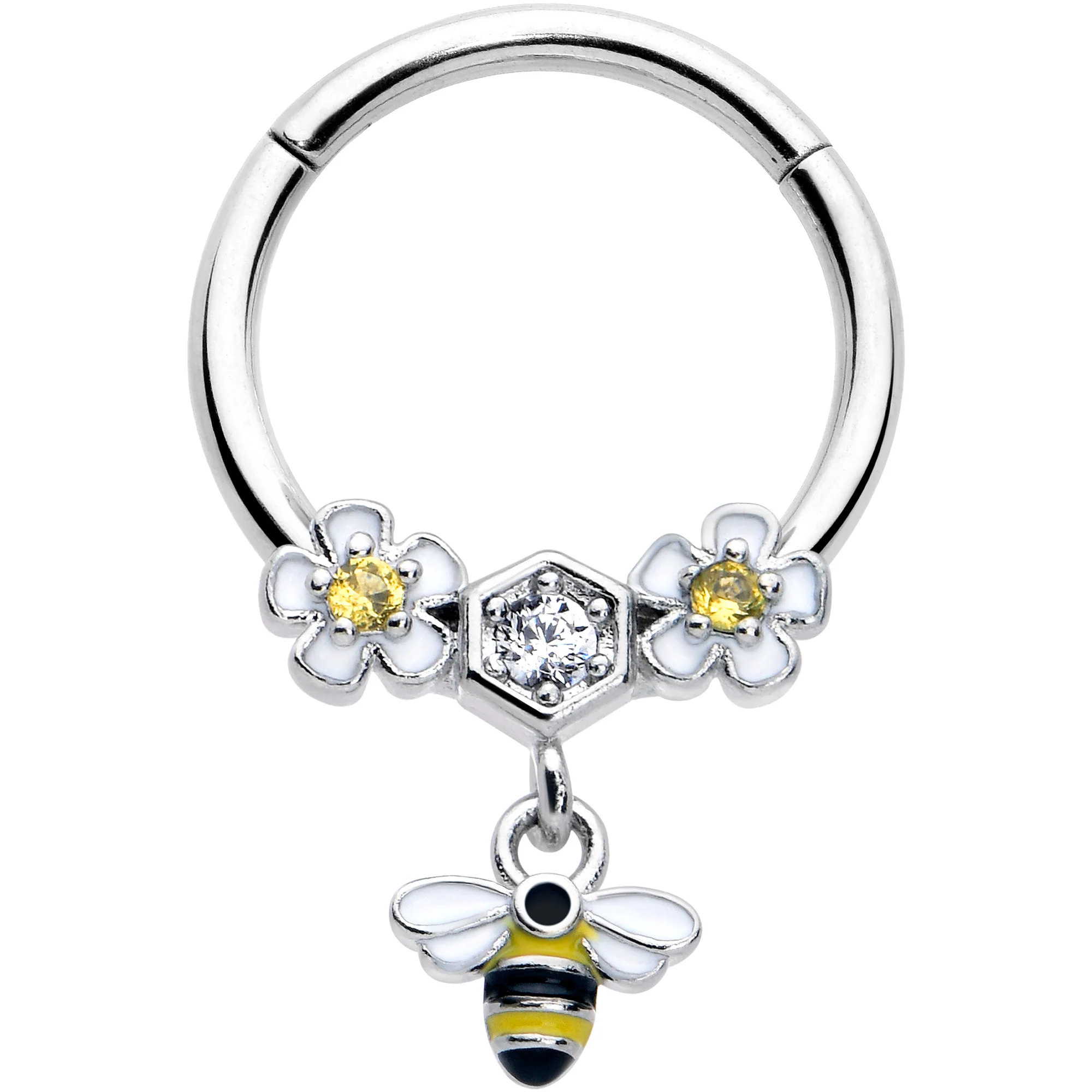 16G 3/8 Yellow CZ Gem Flower Bee Dangle Hinged Segment Ring