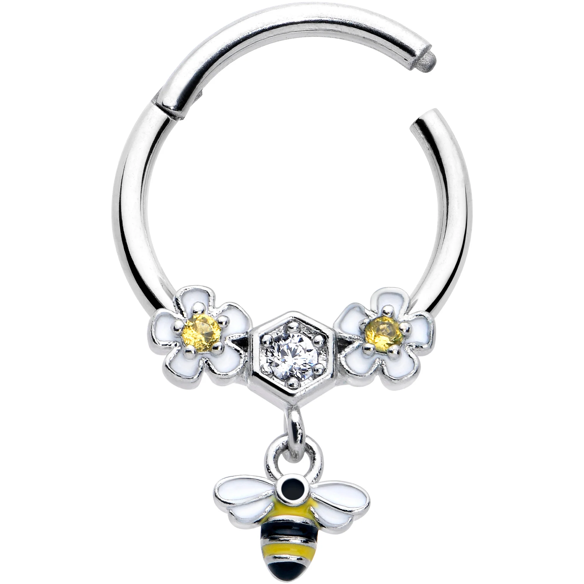 16G 3/8 Yellow CZ Gem Flower Bee Dangle Hinged Segment Ring - Image 2