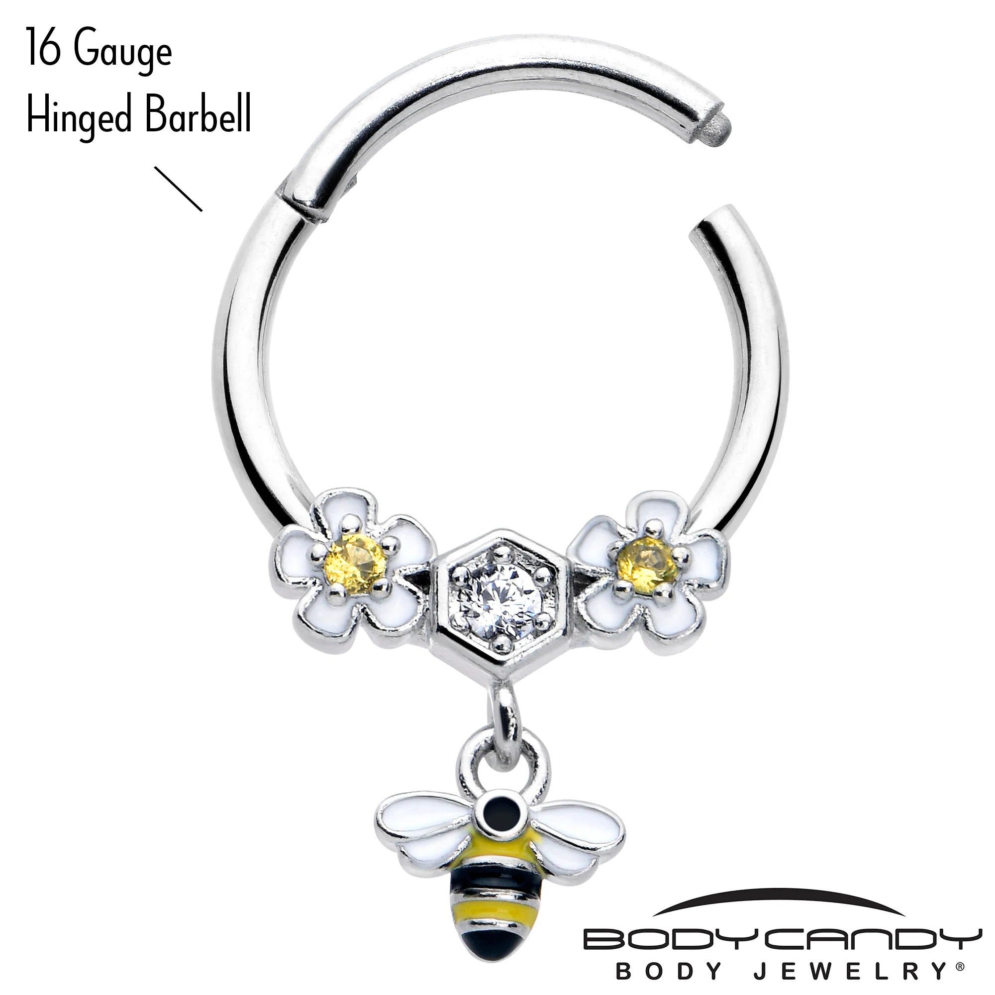 16G 3/8 Yellow CZ Gem Flower Bee Dangle Hinged Segment Ring - Image 3