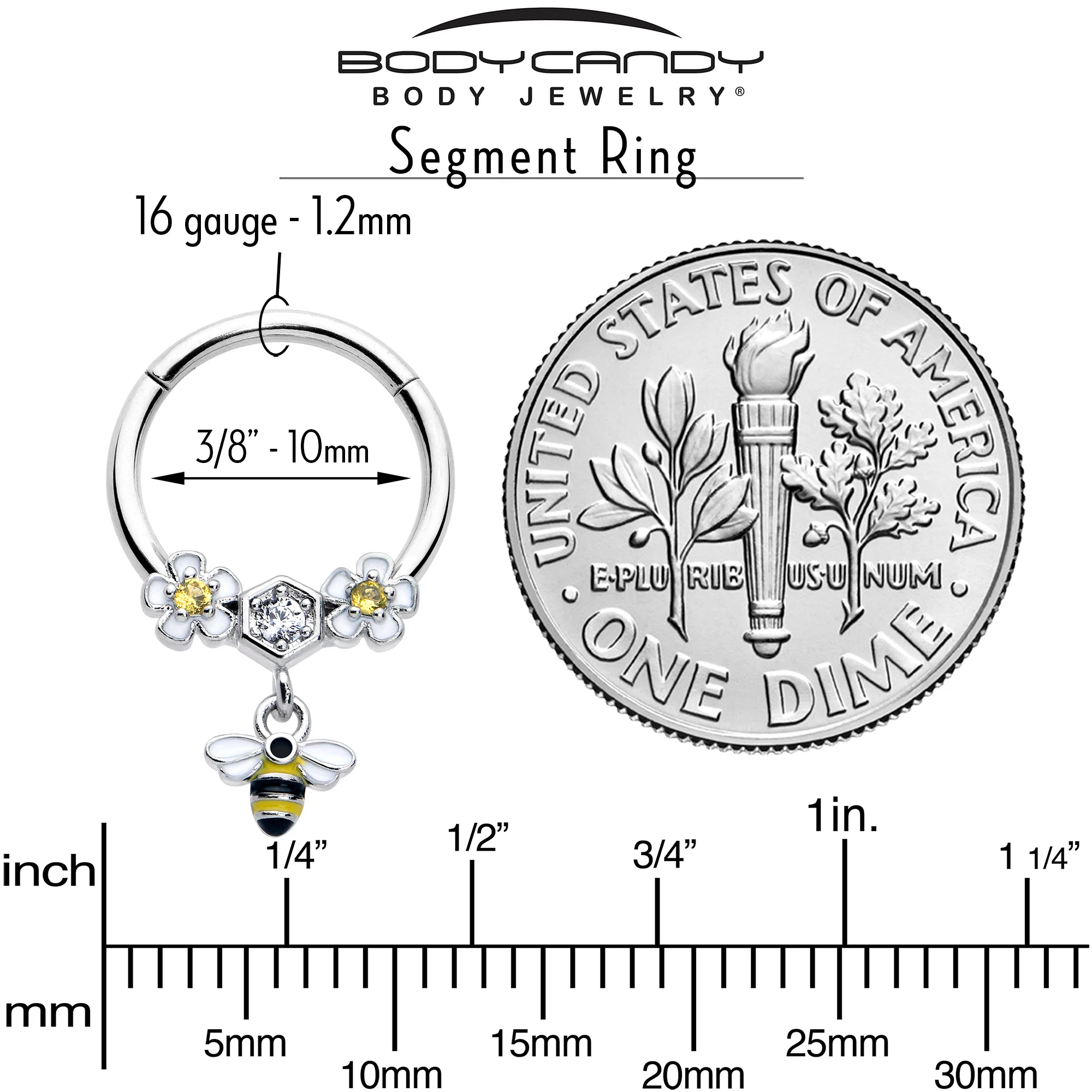 16G 3/8 Yellow CZ Gem Flower Bee Dangle Hinged Segment Ring - Image 4