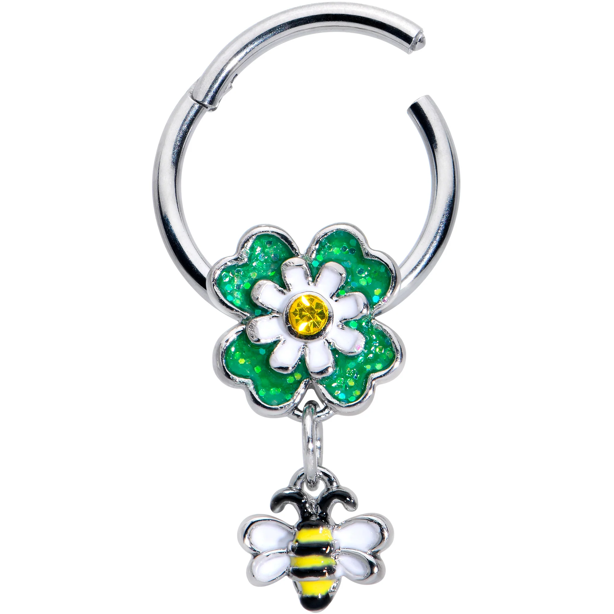 16G 3/8 Yellow Gem Daisy Bee Glitter Dangle Hinged Segment Ring - Image 2