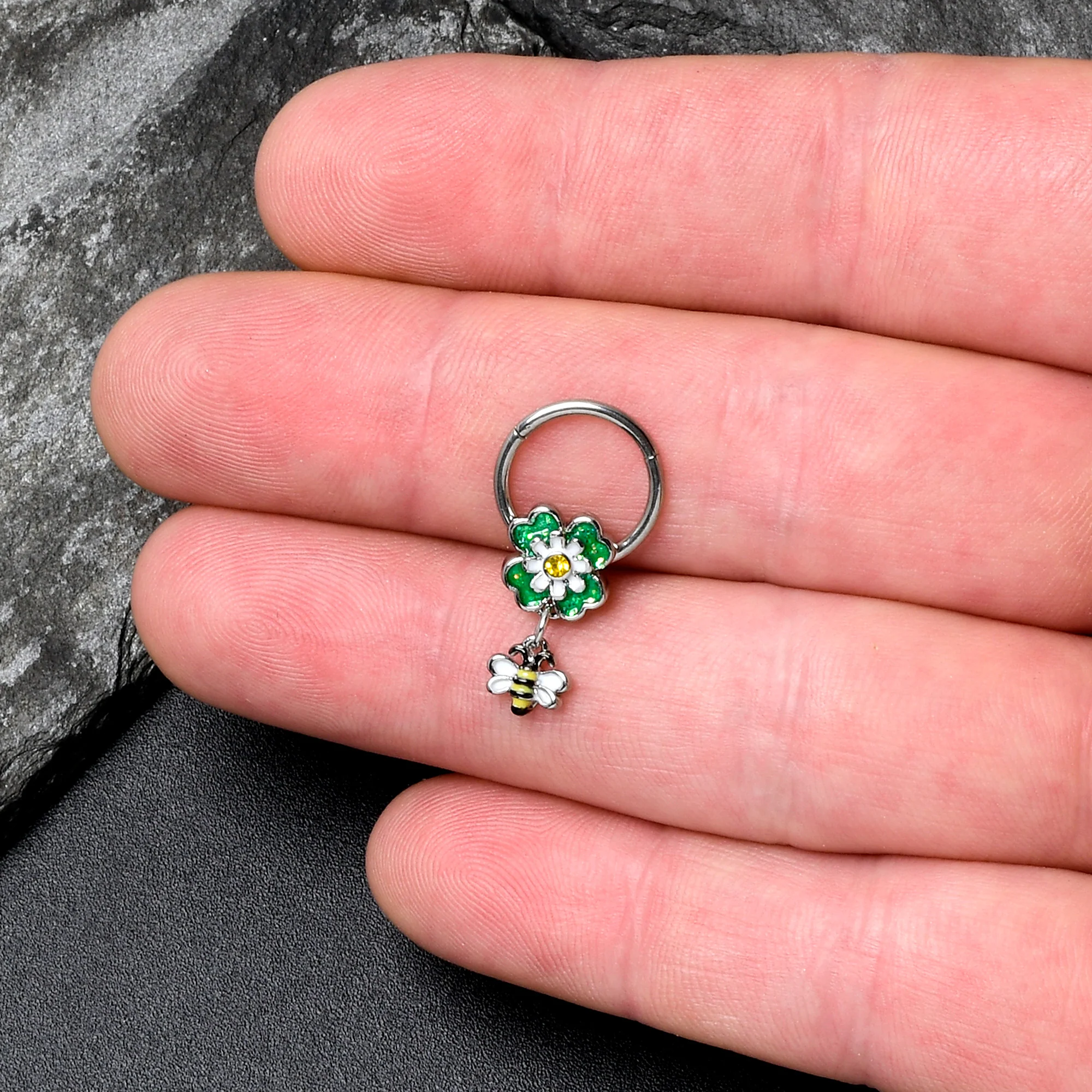 16G 3/8 Yellow Gem Daisy Bee Glitter Dangle Hinged Segment Ring - Image 3