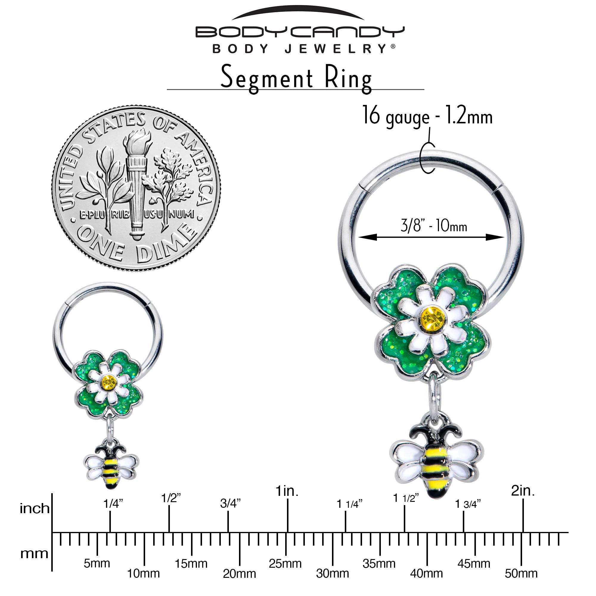 16G 3/8 Yellow Gem Daisy Bee Glitter Dangle Hinged Segment Ring - Image 4