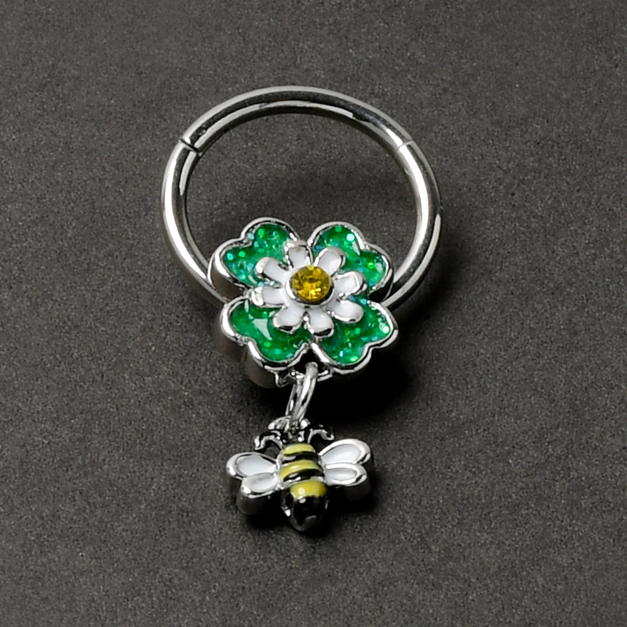 16G 3/8 Yellow Gem Daisy Bee Glitter Dangle Hinged Segment Ring - Image 5