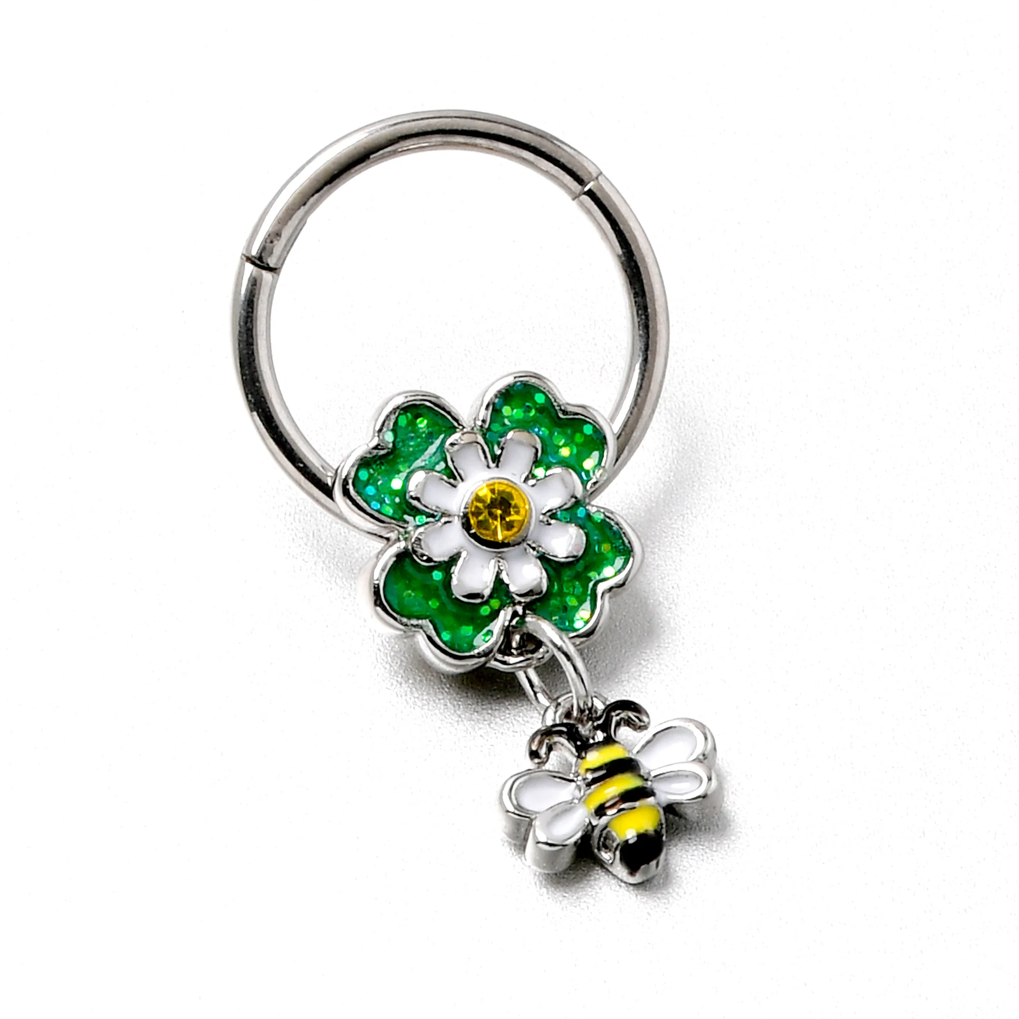 16G 3/8 Yellow Gem Daisy Bee Glitter Dangle Hinged Segment Ring - Image 6