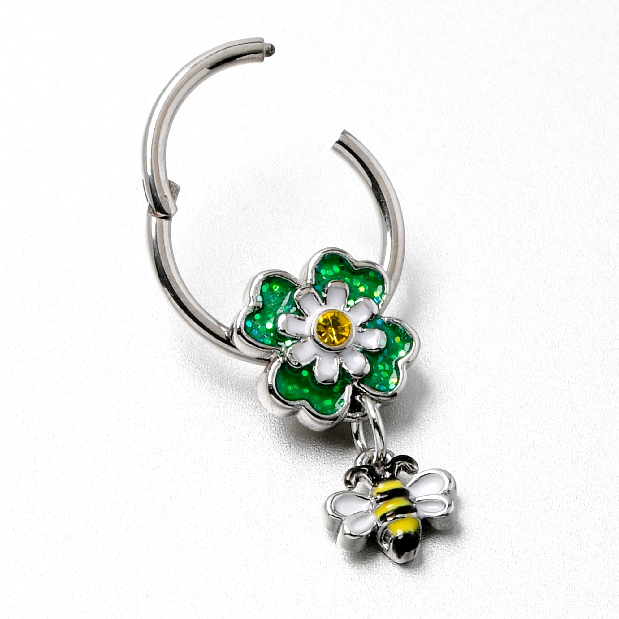 16G 3/8 Yellow Gem Daisy Bee Glitter Dangle Hinged Segment Ring - Image 7