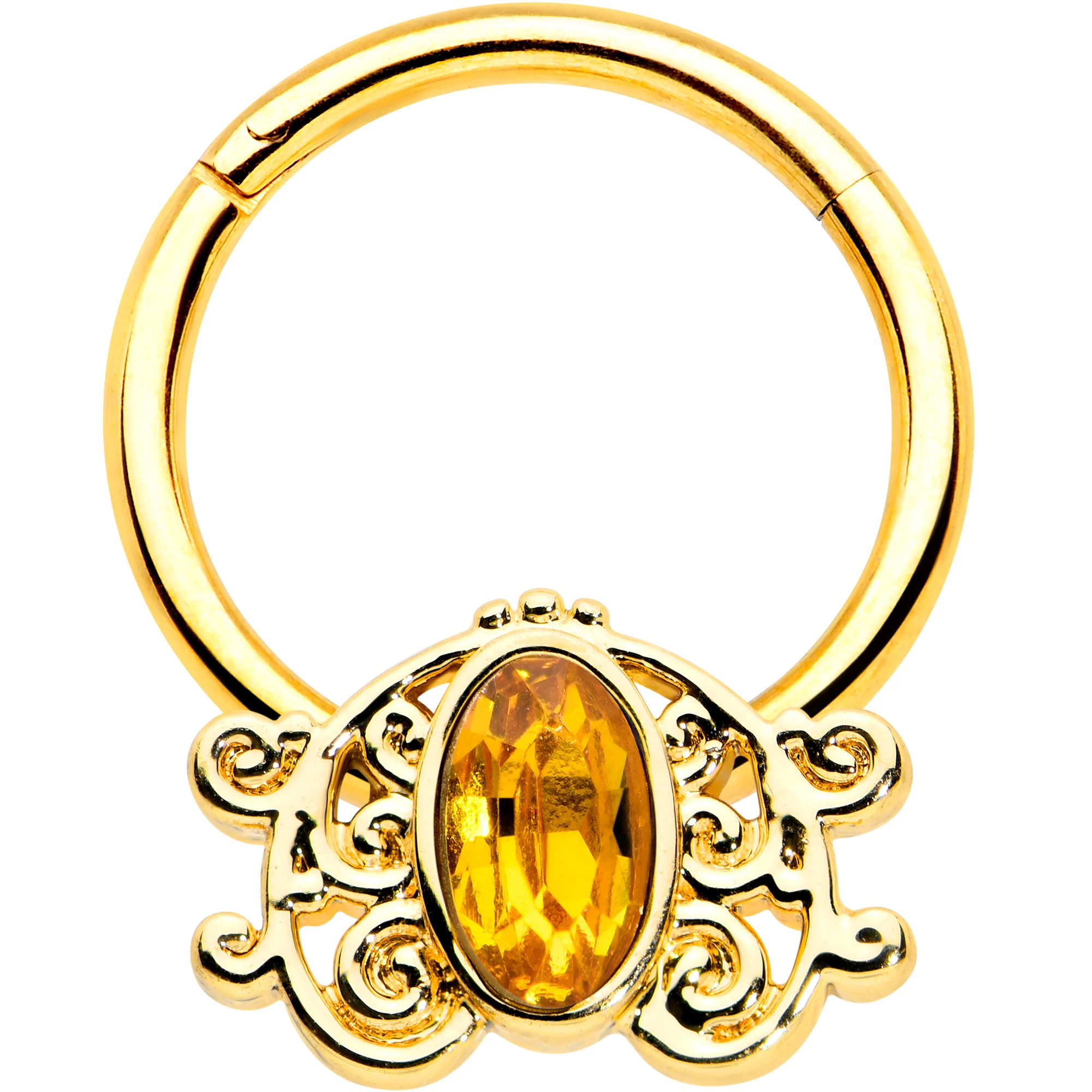 16G 3/8 Yellow Gem Gold Tone Duet Scroll Hinged Segment Ring