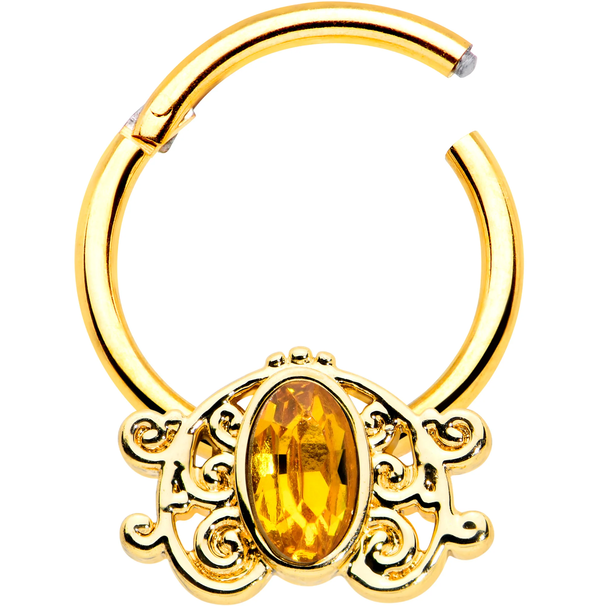 16G 3/8 Yellow Gem Gold Tone Duet Scroll Hinged Segment Ring - Image 2