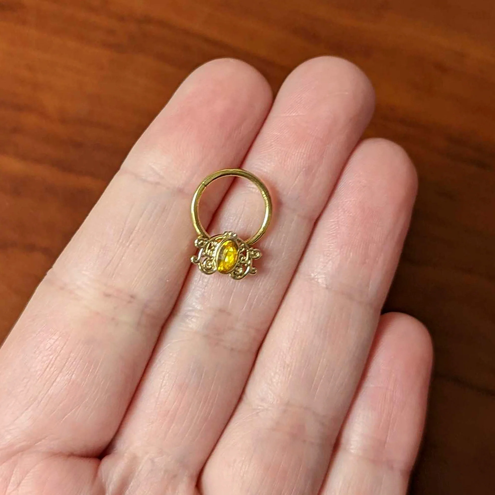 16G 3/8 Yellow Gem Gold Tone Duet Scroll Hinged Segment Ring - Image 4