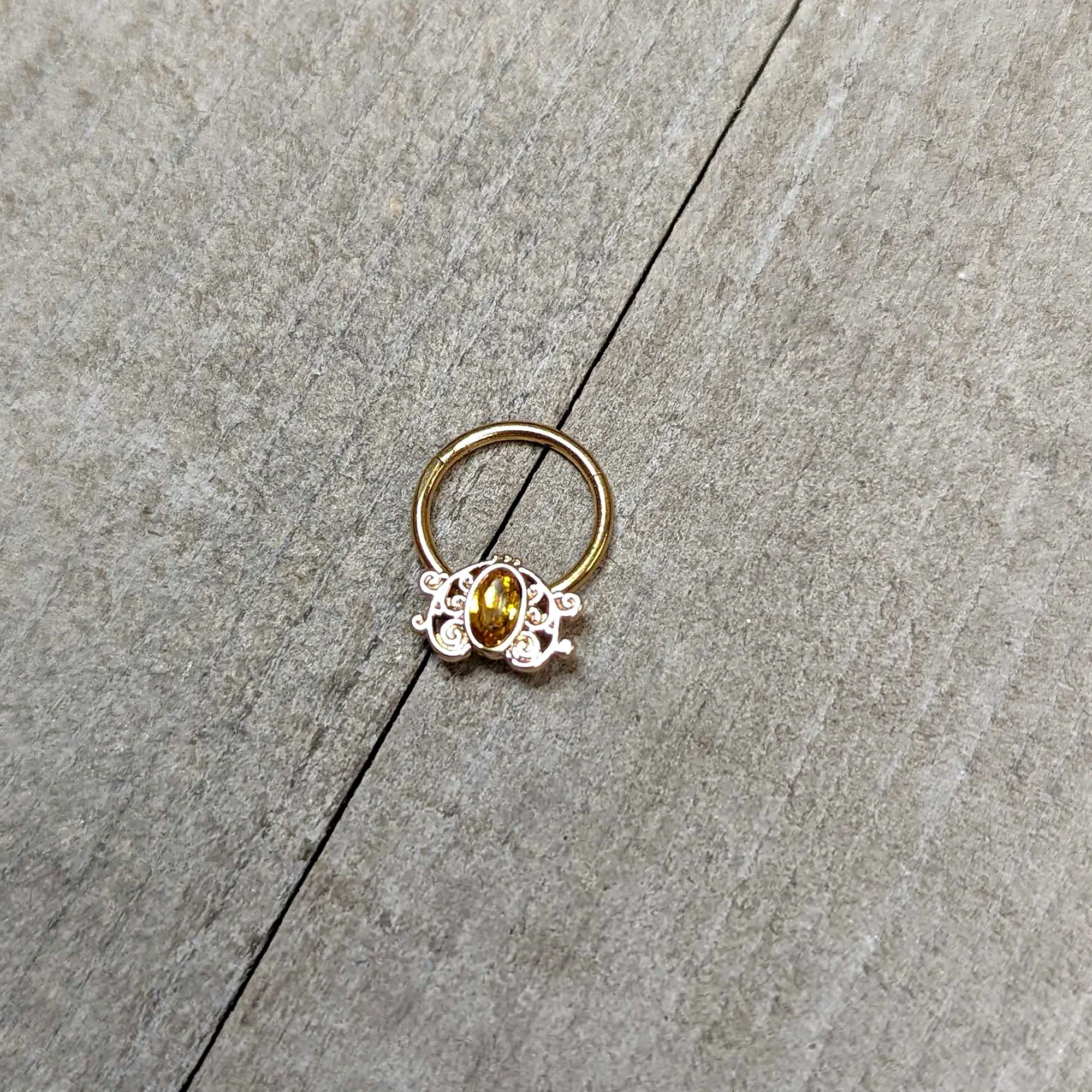 16G 3/8 Yellow Gem Gold Tone Duet Scroll Hinged Segment Ring - Image 7