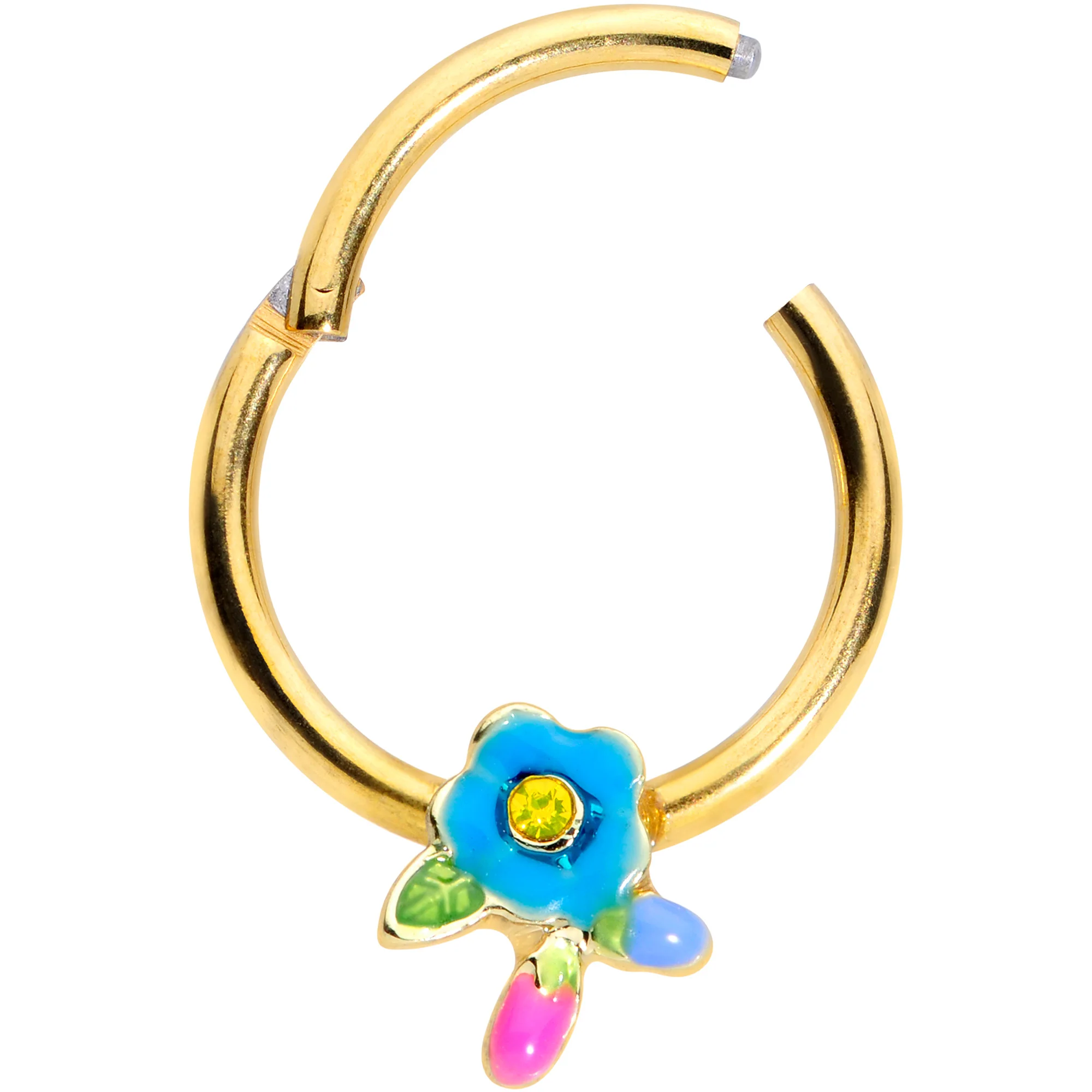 16G 3/8 Yellow Gem Gold Tone Neon Flower Hinged Segment Ring - Image 2