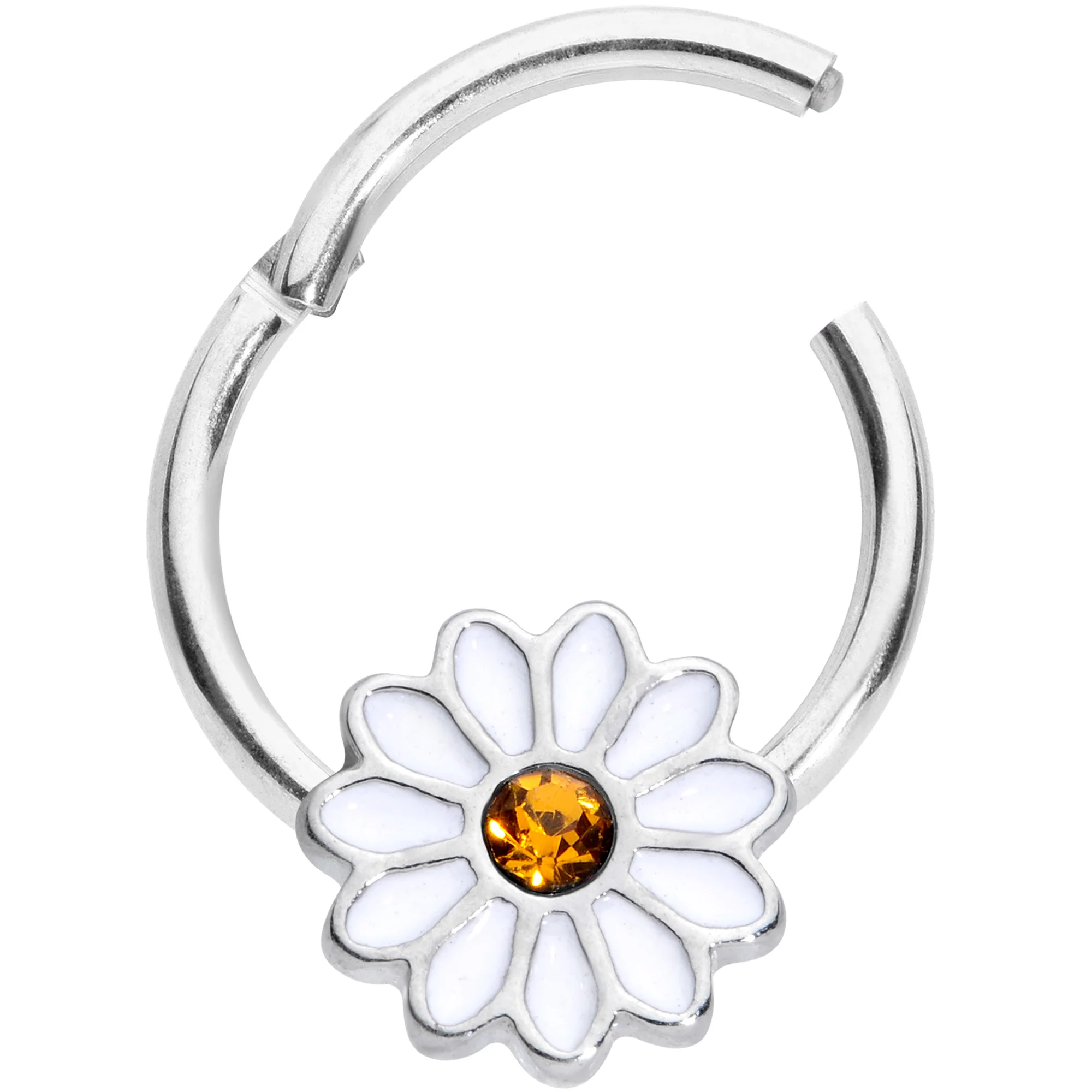 16G 3/8 Yellow Gem Hippie White Daisy Flower Hinged Segment Ring - Image 2