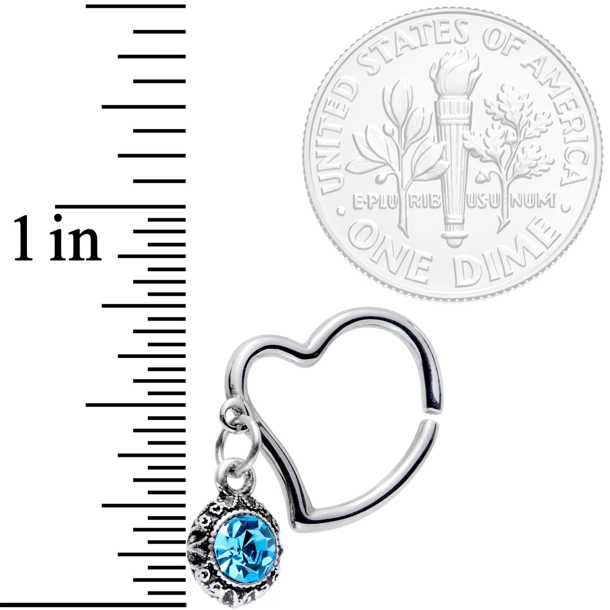 16G 3/8 Aqua Gem Heart Dangle Right Closure Ring - Image 2