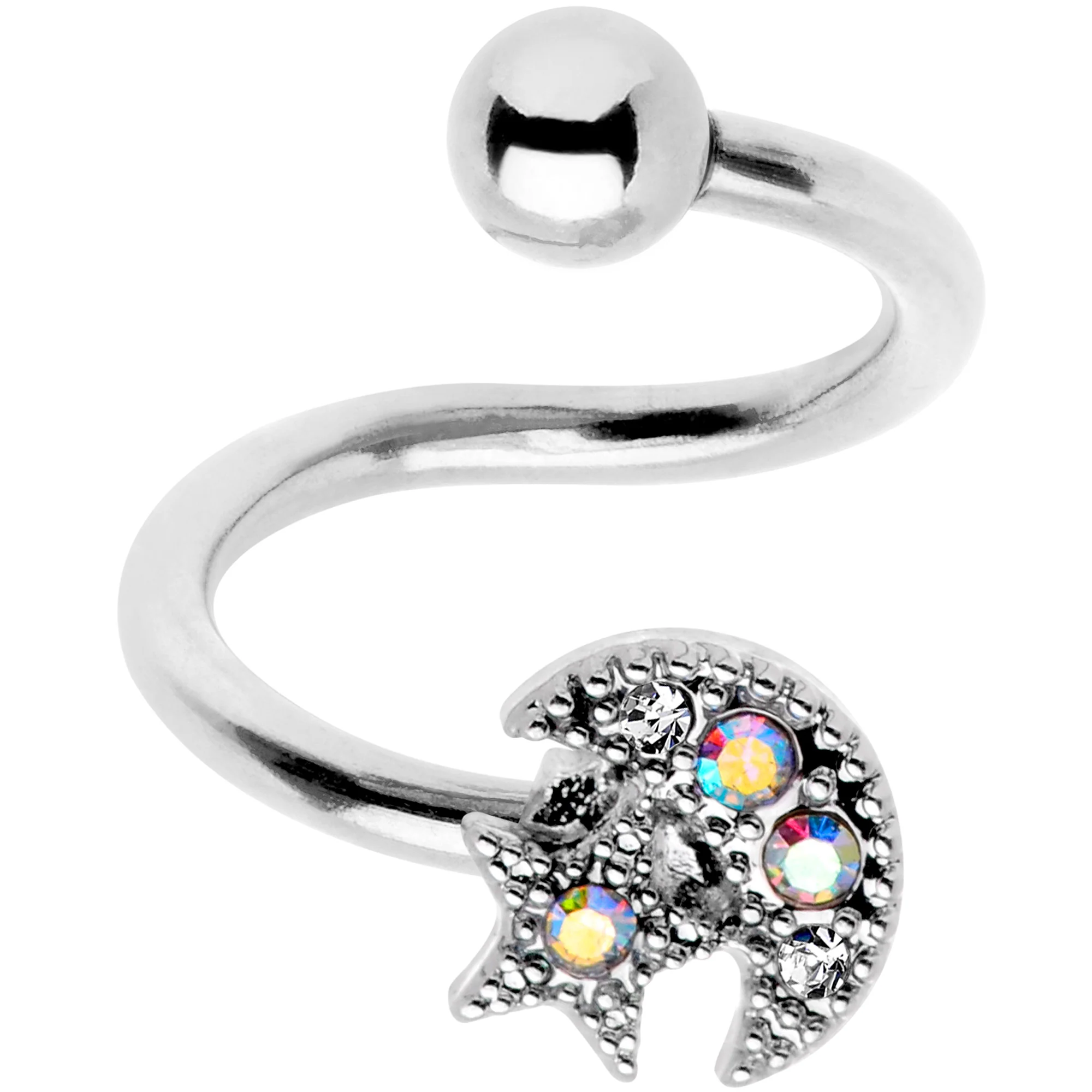 14G 3/8 Stainless Steel Moon Star Spiral Twister Belly Ring - Image 2