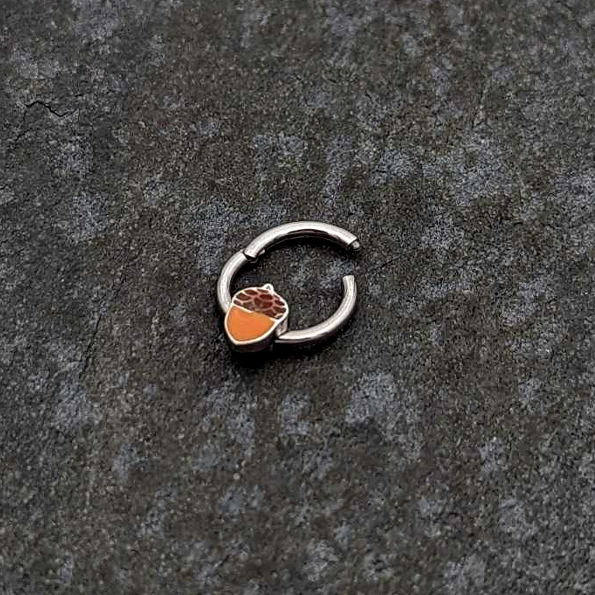 16G 3/8 Autumn Acorn Orange Brown Hinged Segment Ring - Image 5