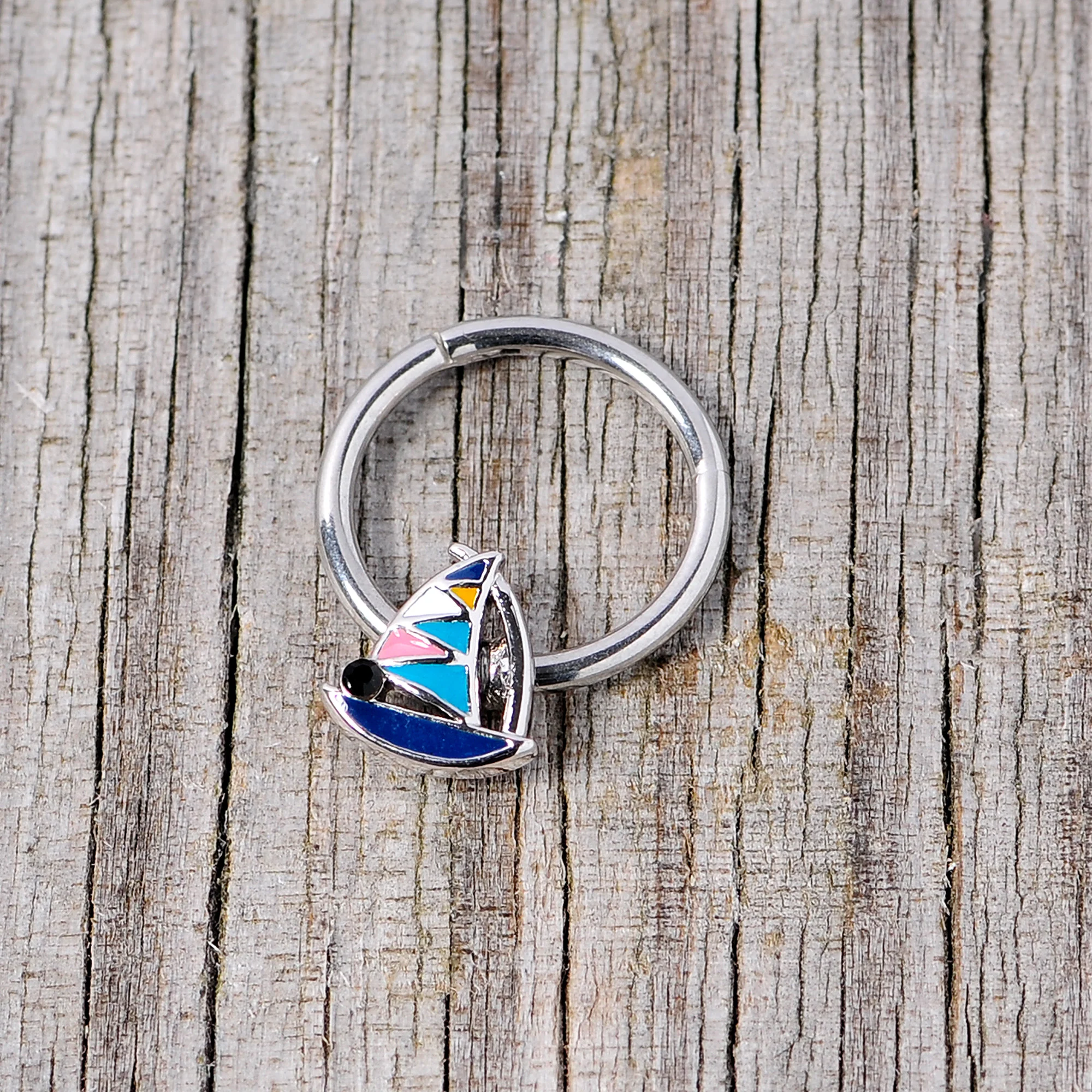16G 3/8 Black Gem Pink Teal Nautical Sailboat Hinged Segment Ring - Image 5