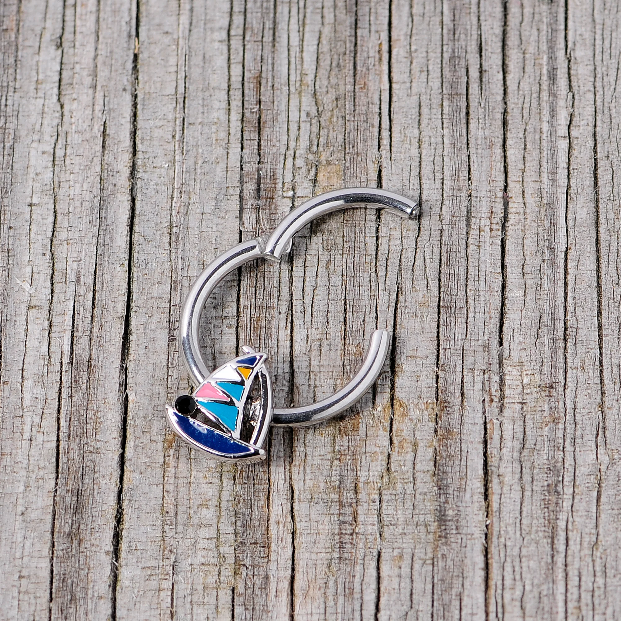 16G 3/8 Black Gem Pink Teal Nautical Sailboat Hinged Segment Ring - Image 6
