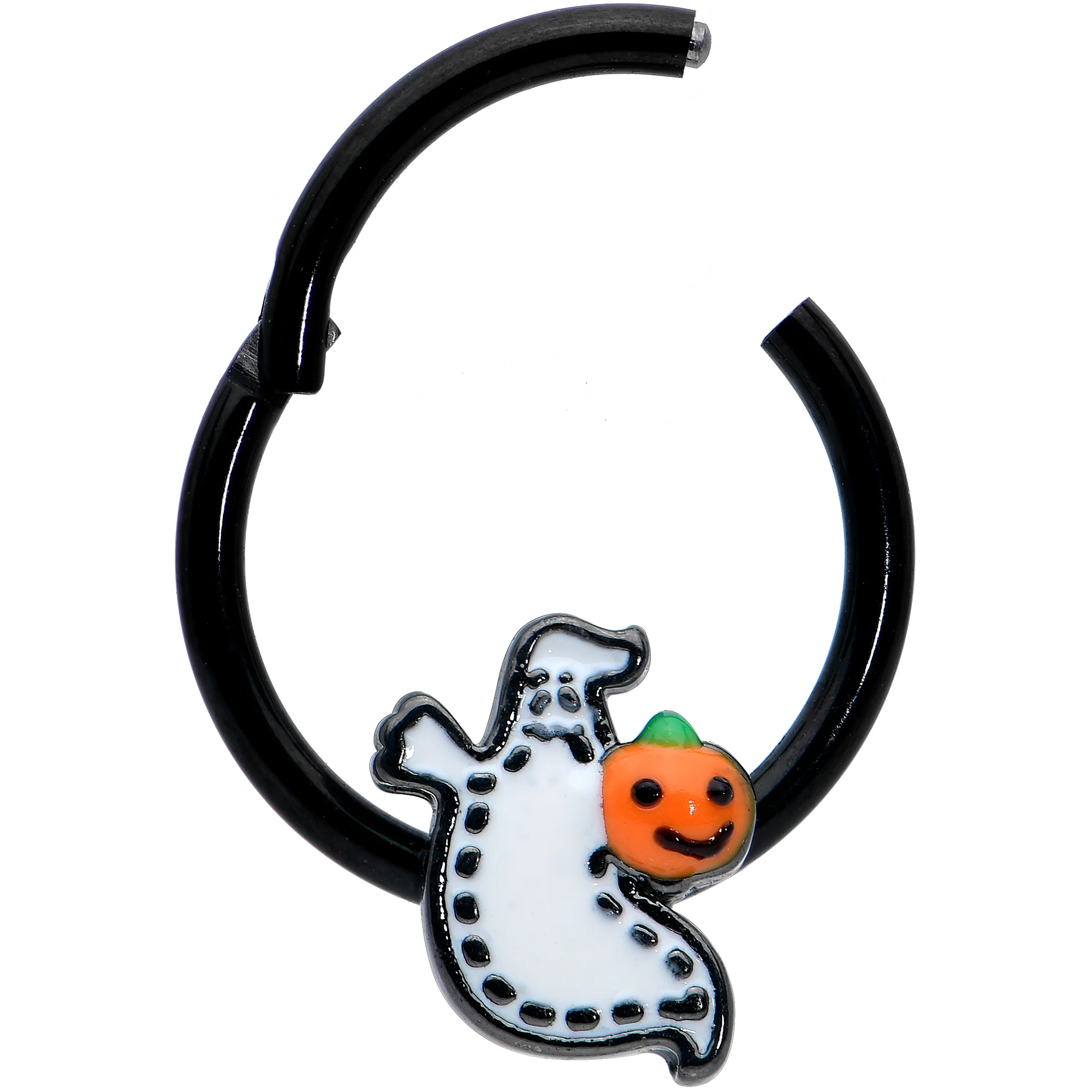 16G 3/8 Black Halloween Pumpkin Ghost Hinged Segment Ring - Image 2