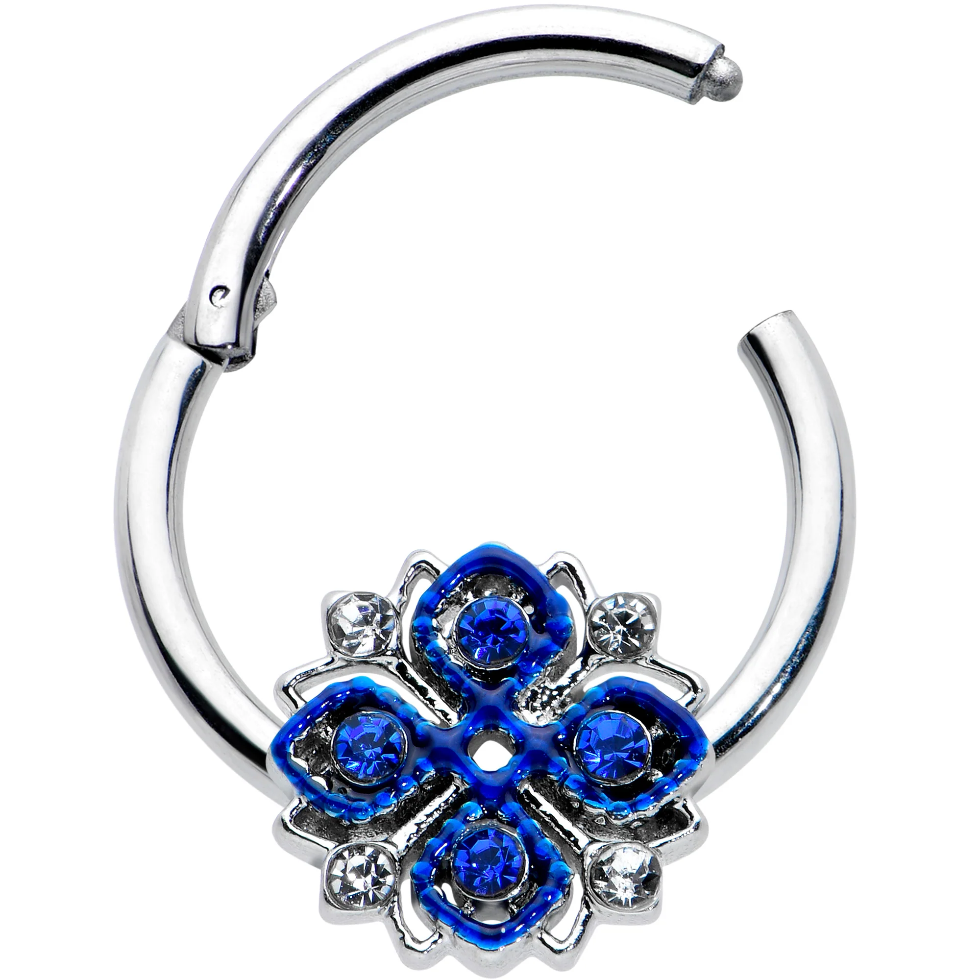 16G 3/8 Blue Clear Gem Embellished Cross Hinged Segment Ring - Image 2
