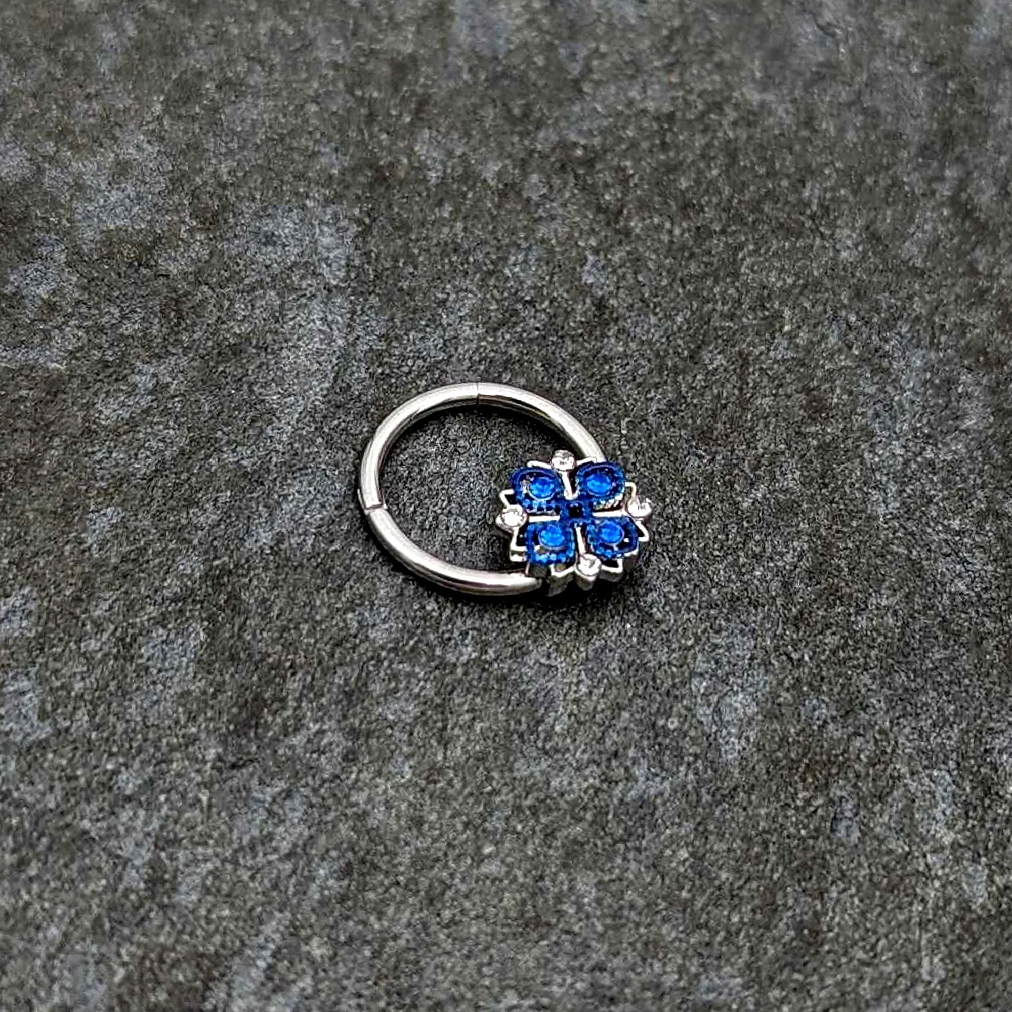 16G 3/8 Blue Clear Gem Embellished Cross Hinged Segment Ring - Image 4