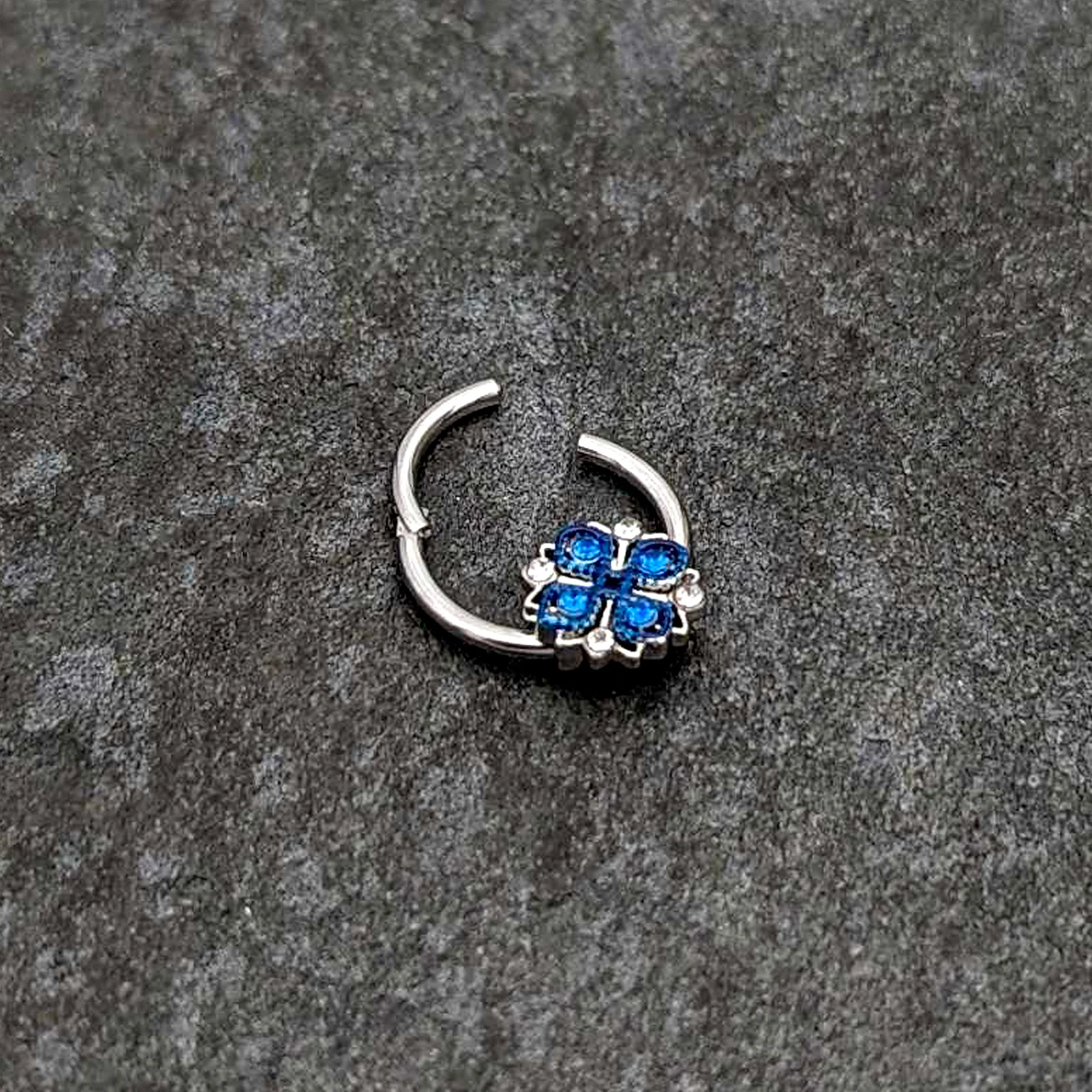 16G 3/8 Blue Clear Gem Embellished Cross Hinged Segment Ring - Image 5