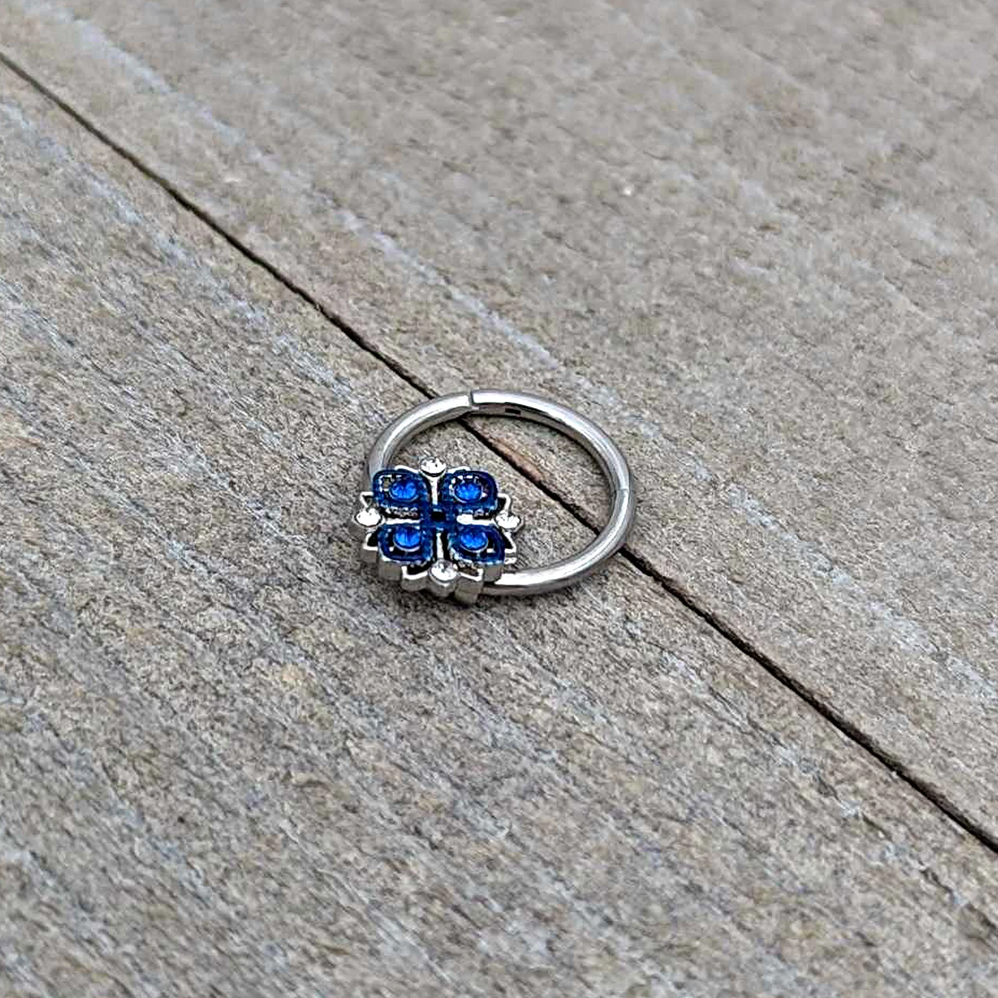 16G 3/8 Blue Clear Gem Embellished Cross Hinged Segment Ring - Image 6