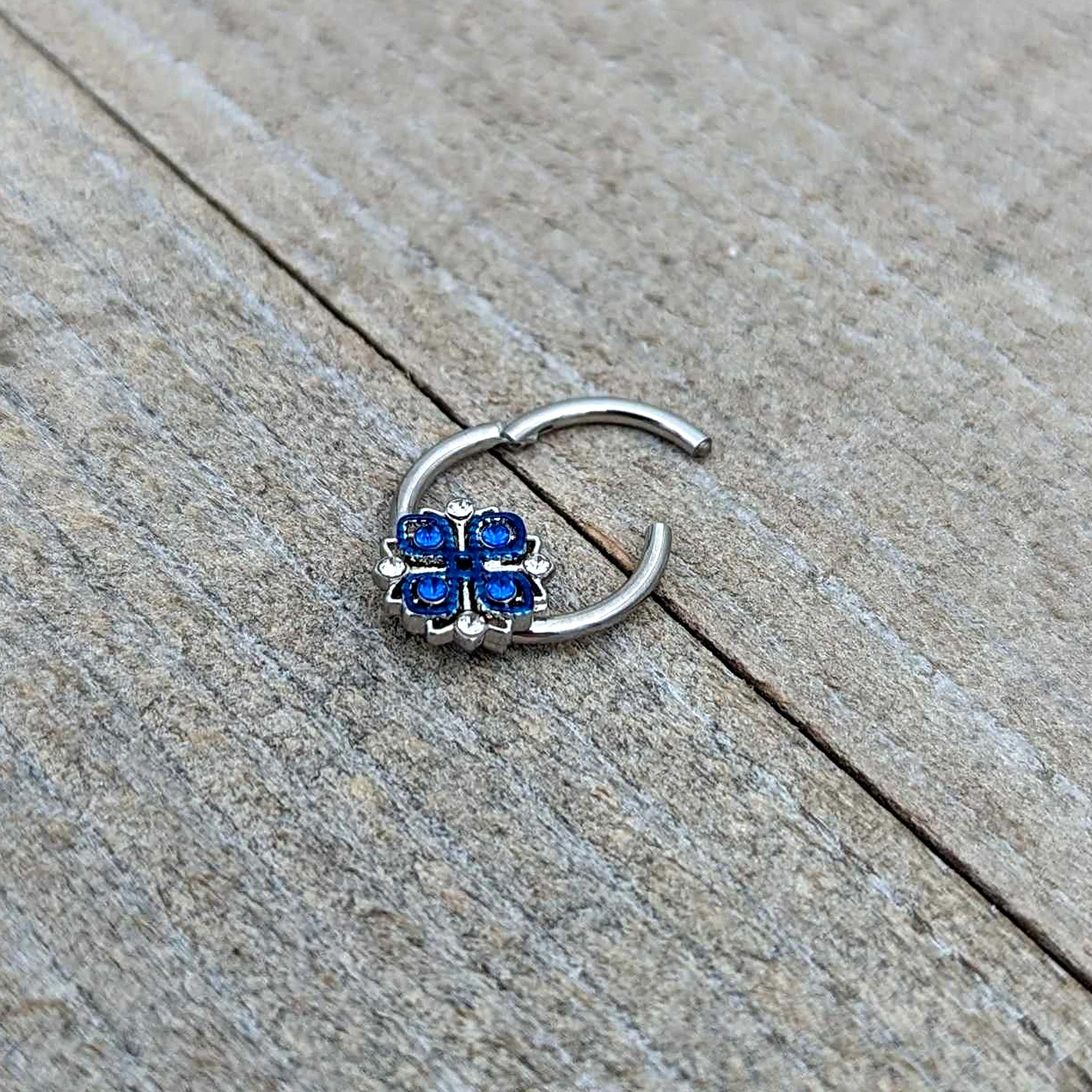 16G 3/8 Blue Clear Gem Embellished Cross Hinged Segment Ring - Image 7