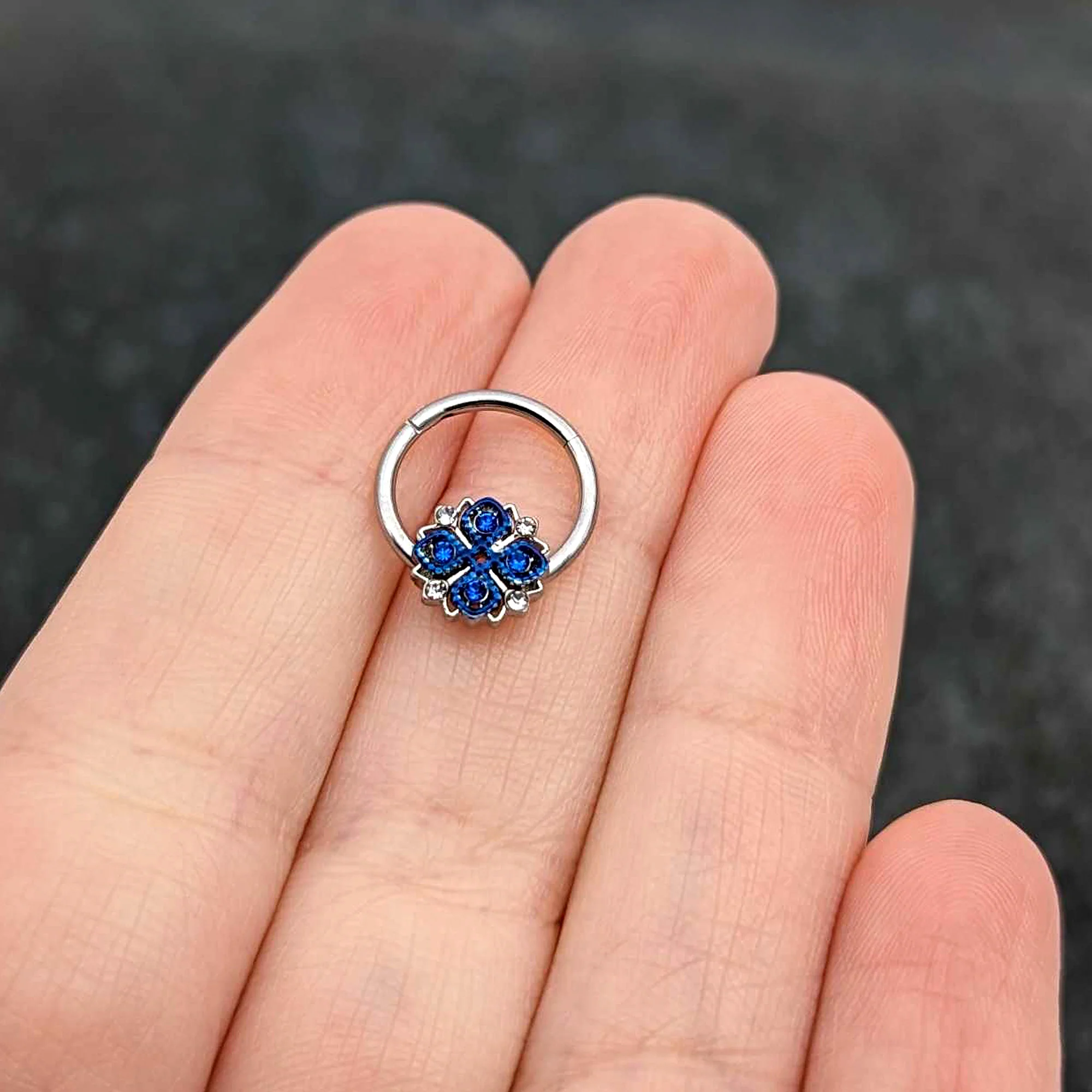16G 3/8 Blue Clear Gem Embellished Cross Hinged Segment Ring - Image 8
