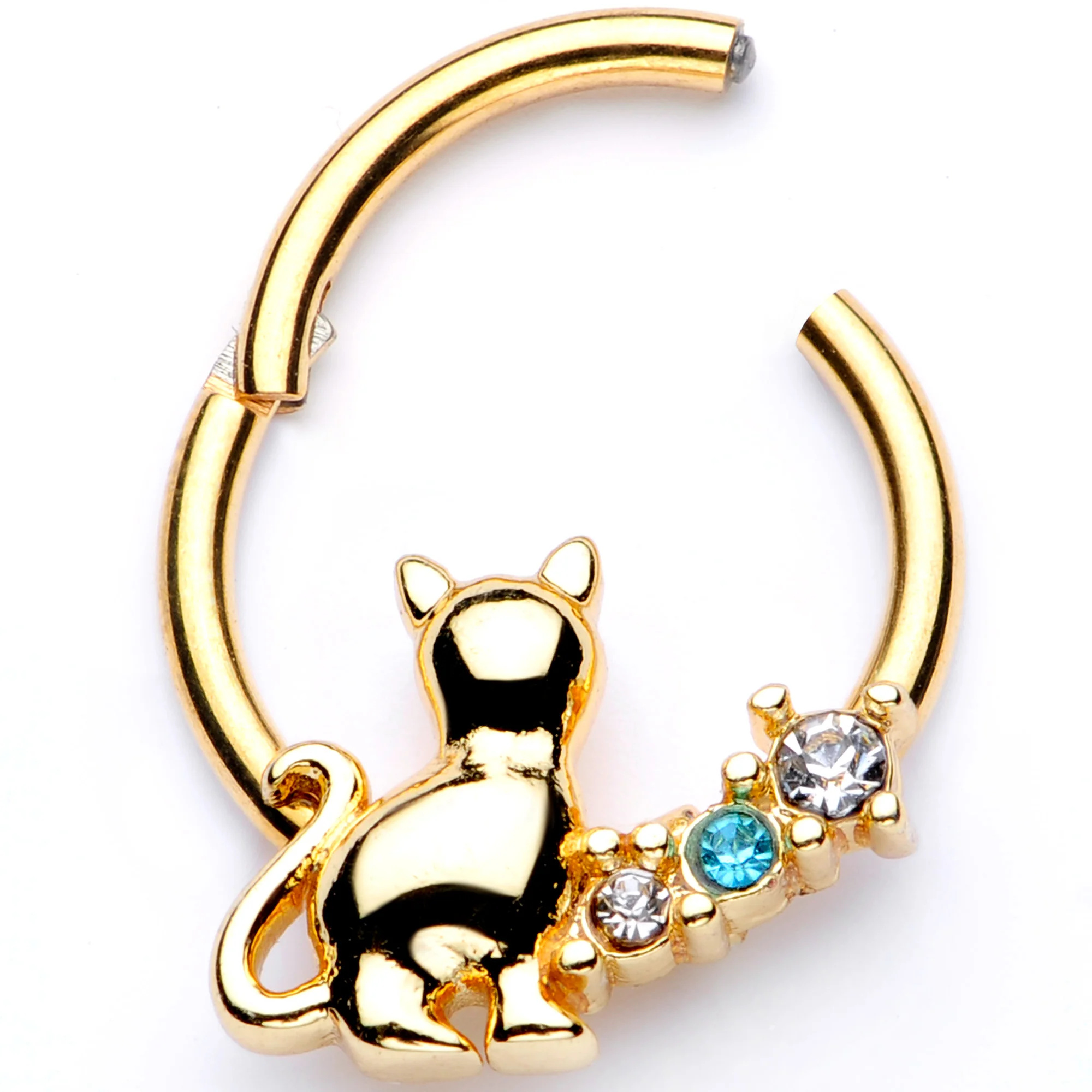 16G 3/8 Blue Clear Gem Gold Tone Cat Hinged Segment Ring - Image 2