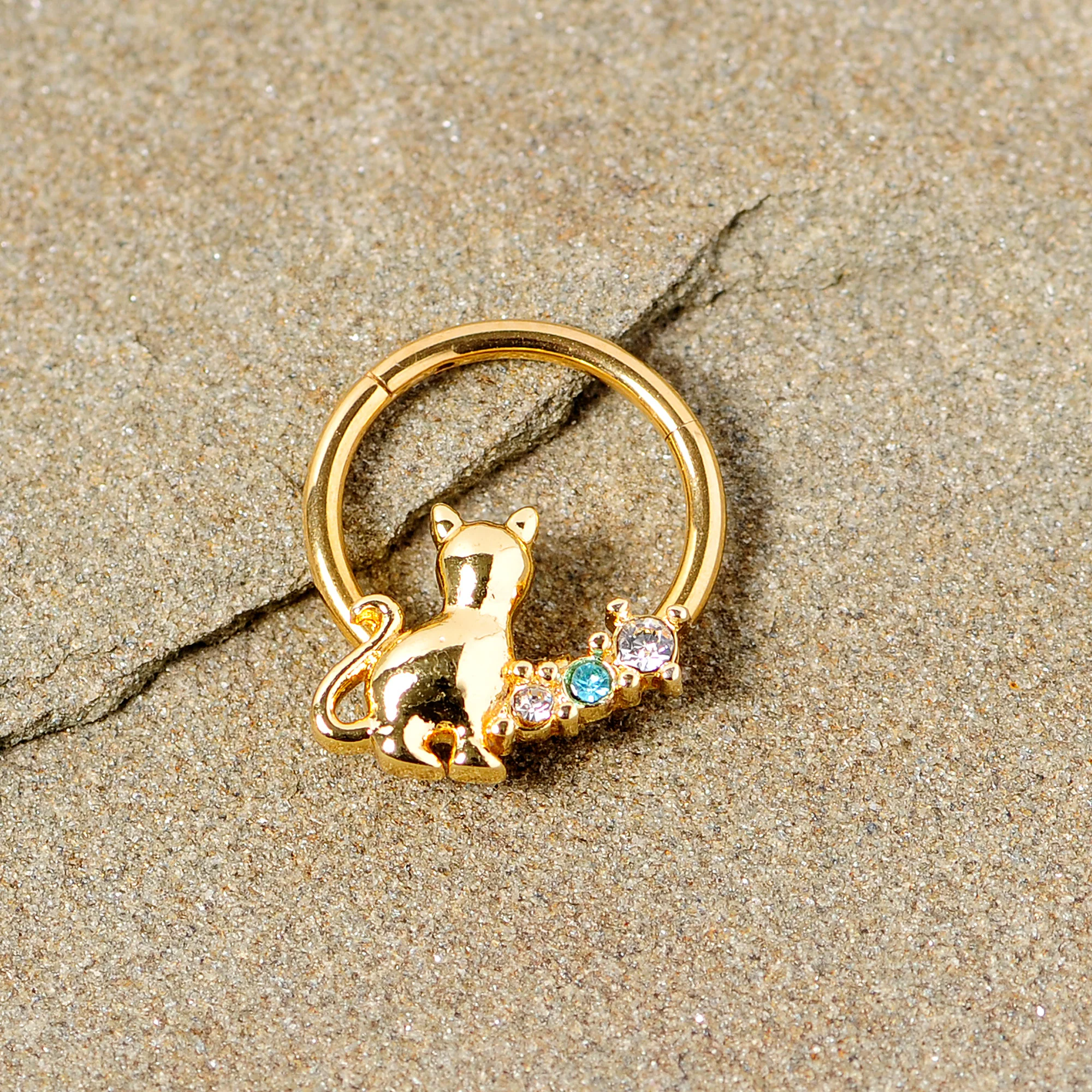 16G 3/8 Blue Clear Gem Gold Tone Cat Hinged Segment Ring - Image 3