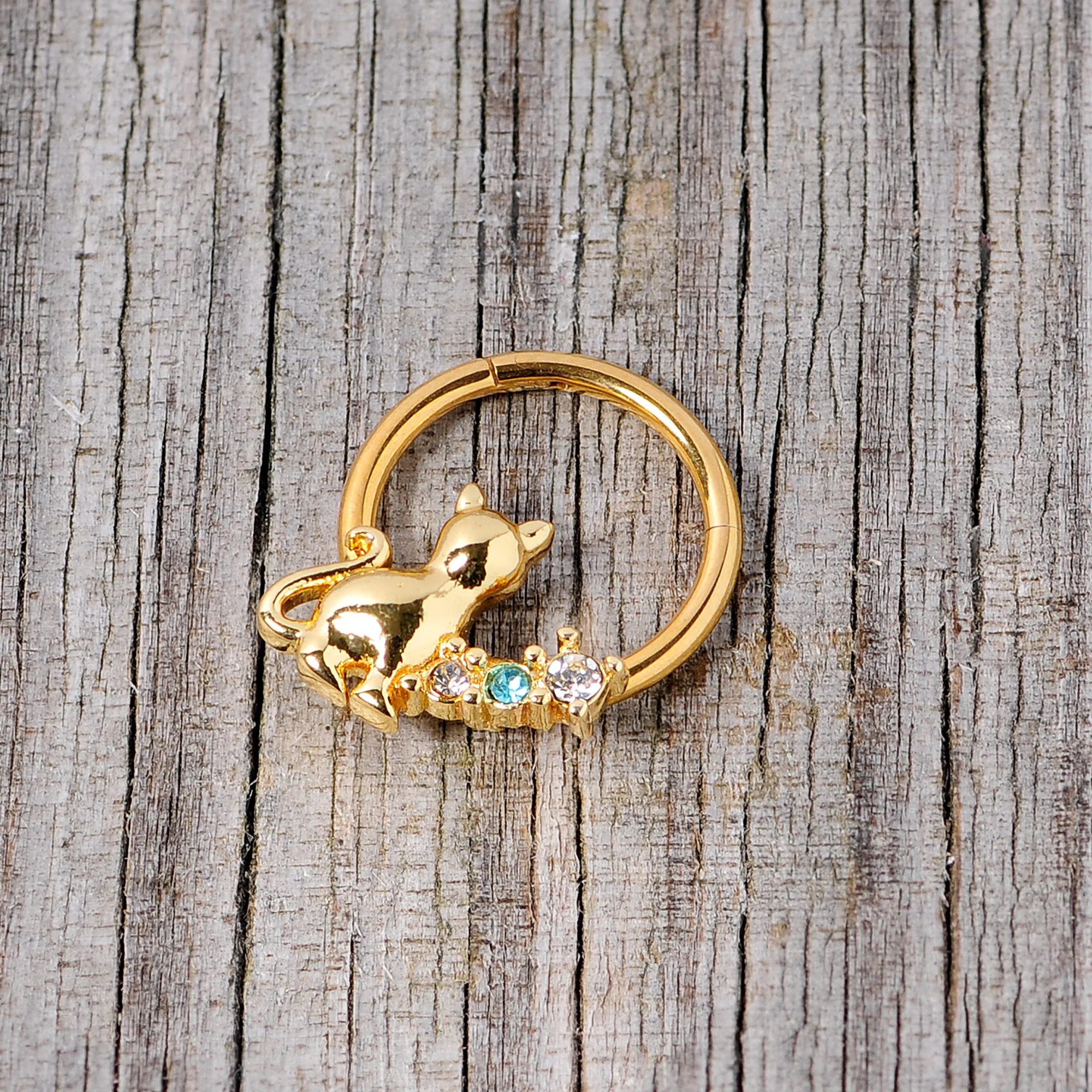 16G 3/8 Blue Clear Gem Gold Tone Cat Hinged Segment Ring - Image 4