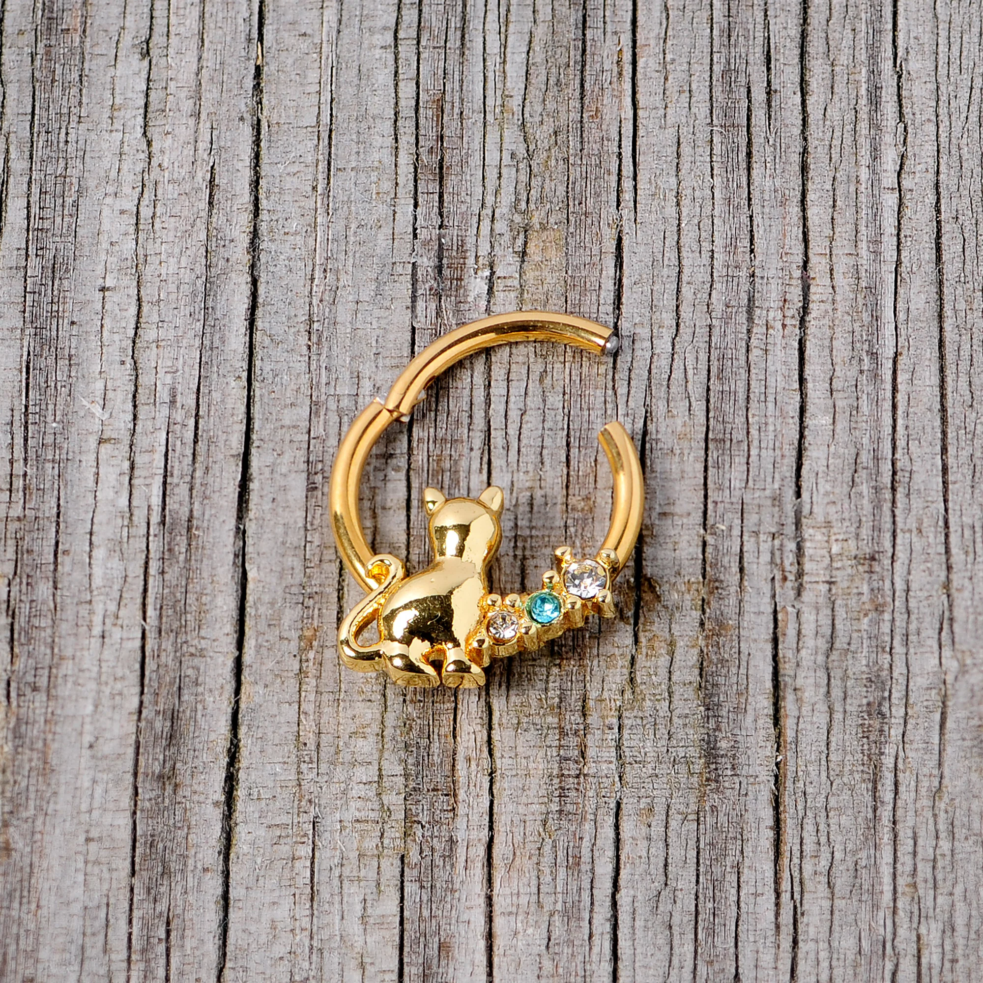 16G 3/8 Blue Clear Gem Gold Tone Cat Hinged Segment Ring - Image 5