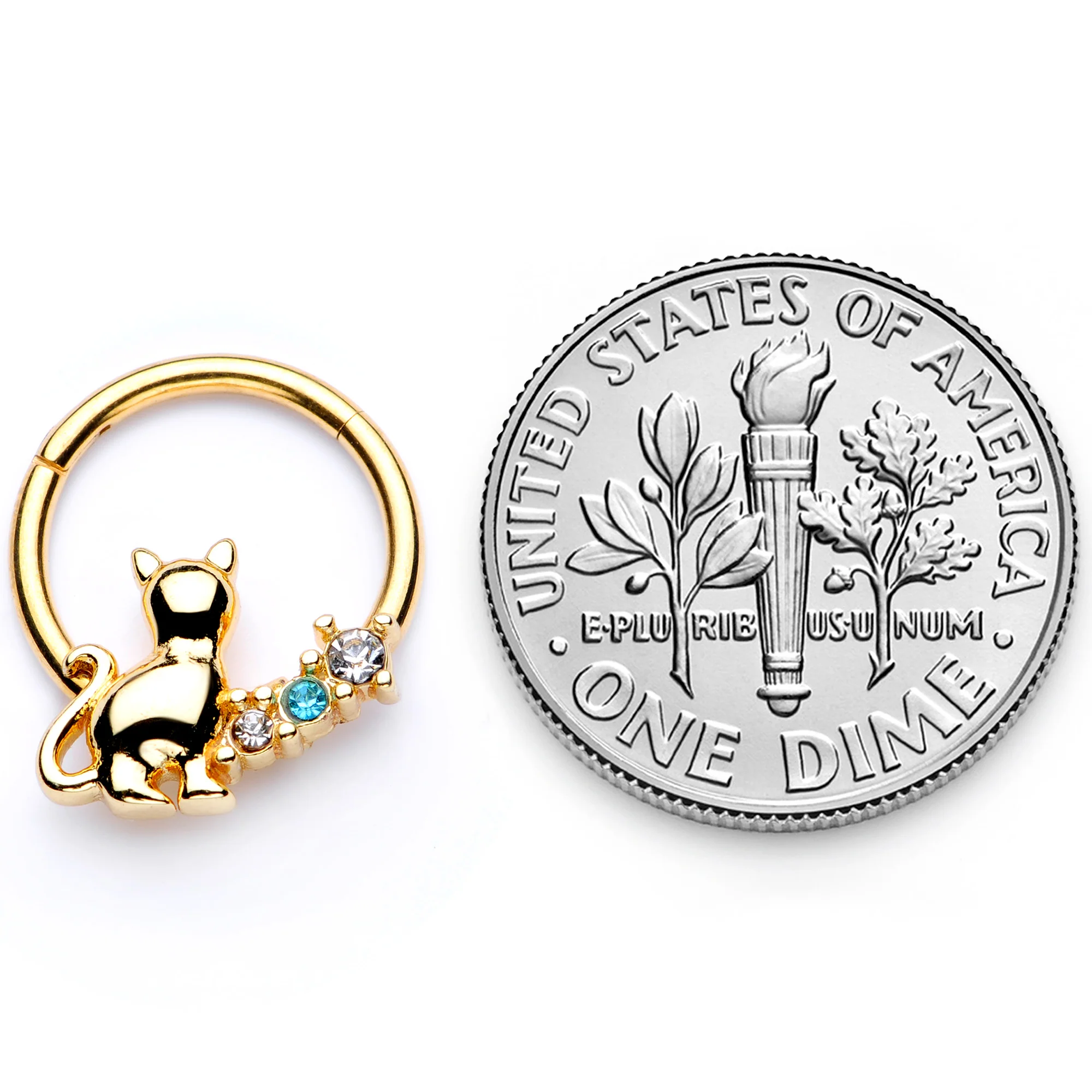 16G 3/8 Blue Clear Gem Gold Tone Cat Hinged Segment Ring - Image 6