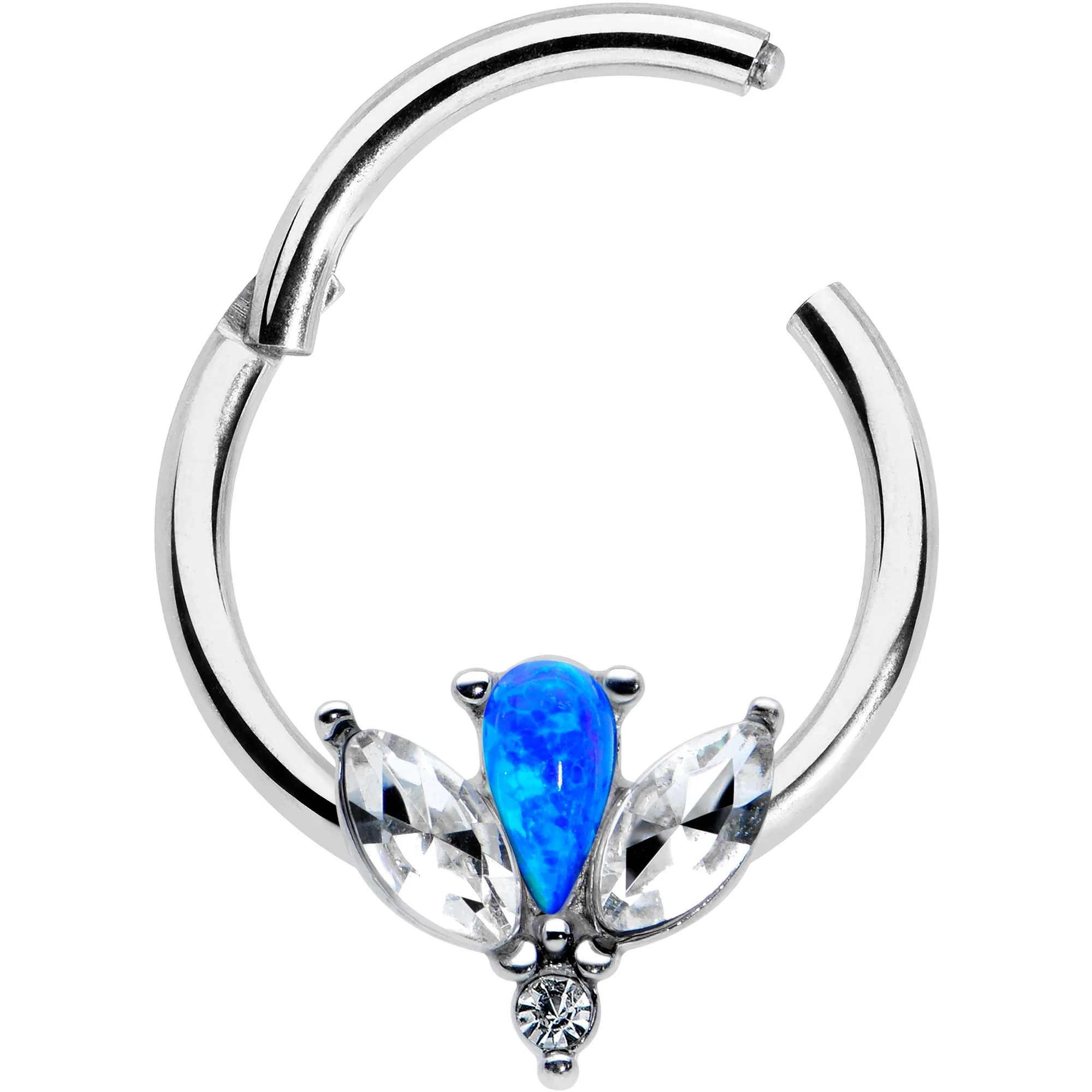 16G 3/8 Blue Faux Opal Style Flower Hinged Segment Ring - Image 2