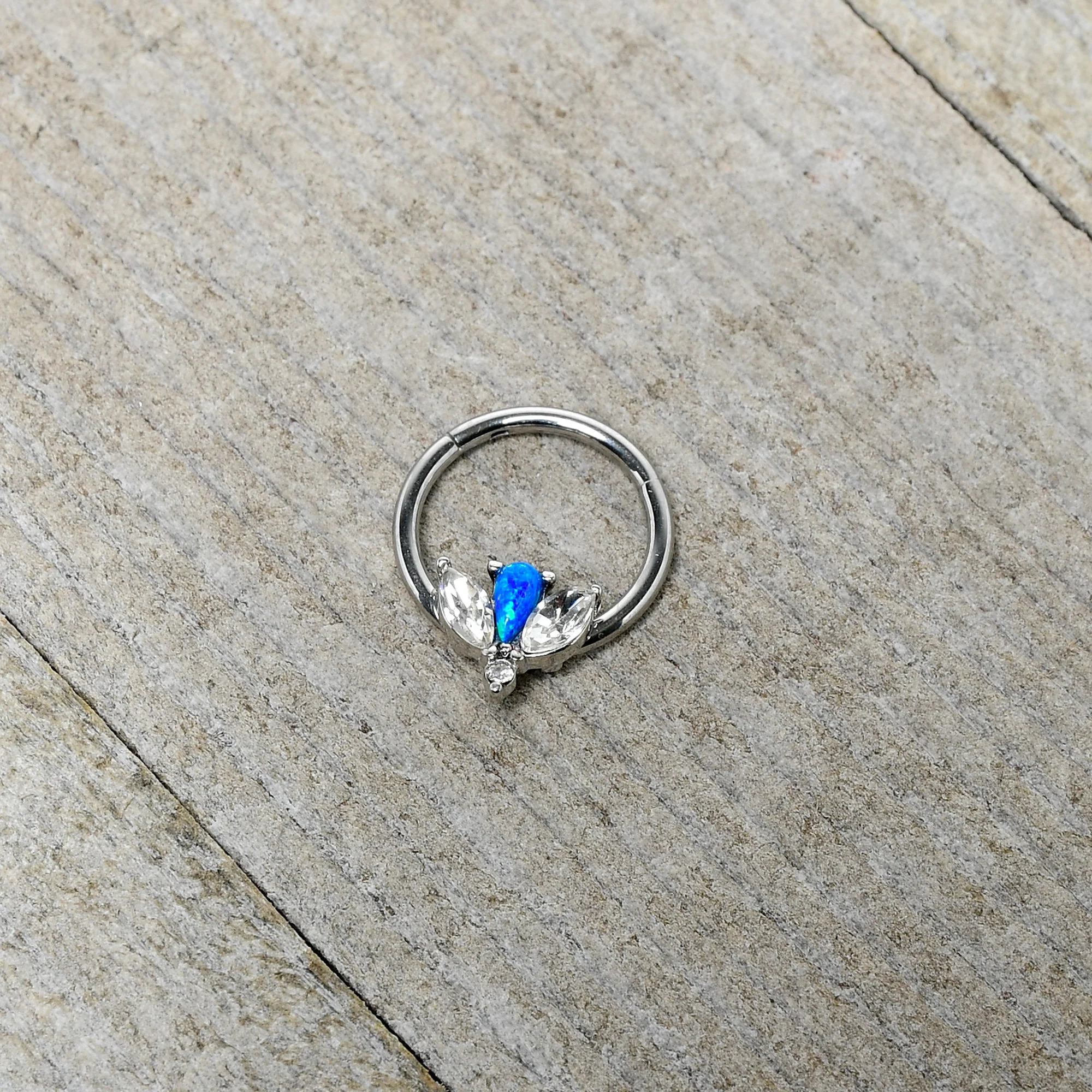 16G 3/8 Blue Faux Opal Style Flower Hinged Segment Ring - Image 4